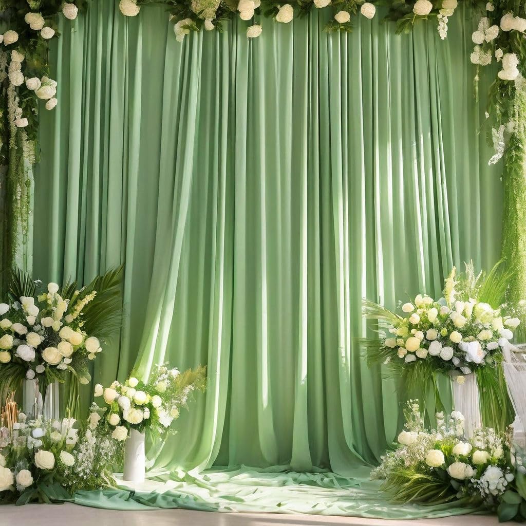 10Ft X 10Ft Wrinkle Free Sage Green Backdrop Curtains For Parties, Polyester Photo Backdrop Drapes 2 Panels 5X10Ft For Wedding B