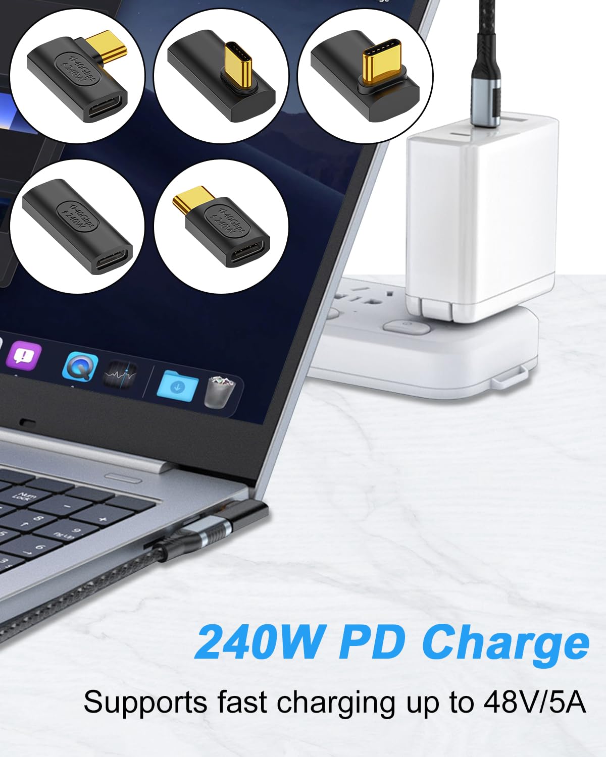Poyiccot 240W Usb C Adapter 5 Pack, 40Gbps Usb 4.0 Type C Extender, 90 Degree Right Angle Usb C Adapter Fast Charging Type C Extension Connector For 8K, Thunderbolt 4/3, Steam Deck, Laptop