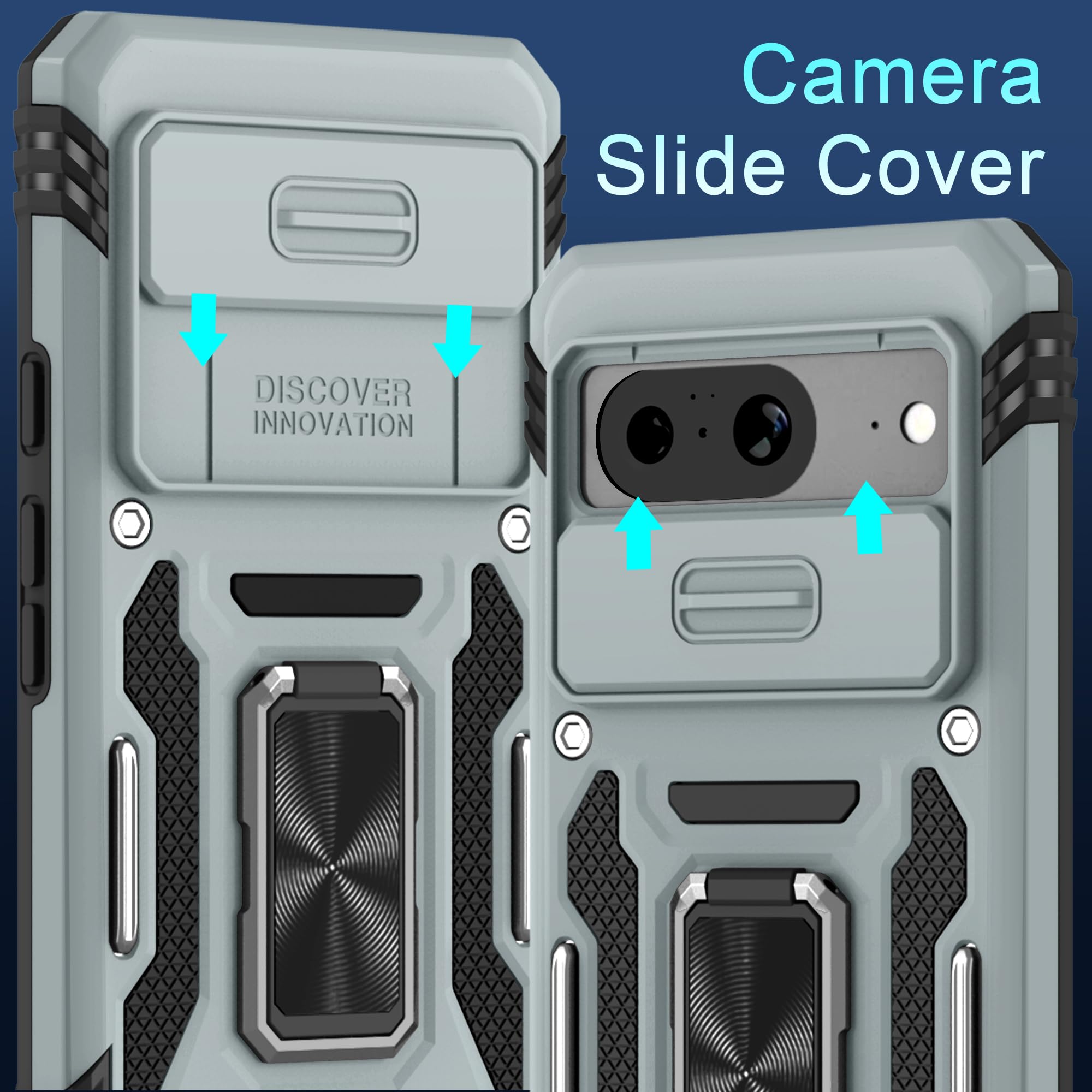Deerlamn Case For Google Pixel 8 With Slide Camera Cover+Screen Protector (1 Pack), Rotated Ring Kickstand Military Grade Shockp