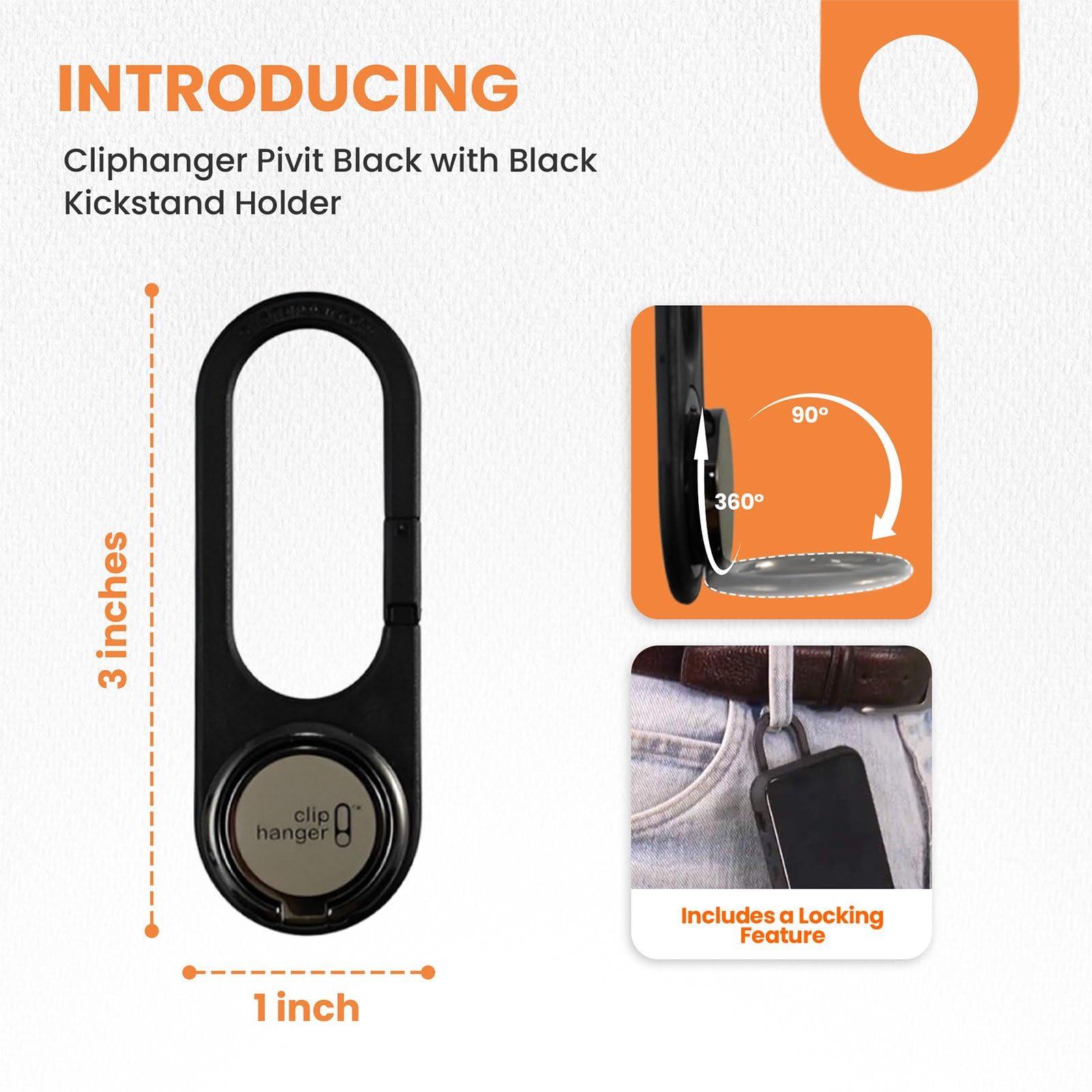 Cliphanger Pivit With Black Kickstand Holder & Grip For Hand - Finger Loop For Phone Case - Secure Phone Accessories For Texting