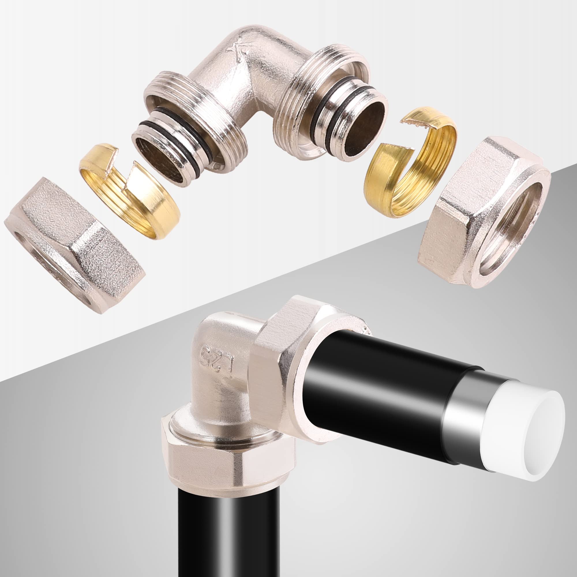 Ancimoon 2Pc 3/4 Elbow Air Piping Fittings, 3/4 Tubing X 3/4 Tubing, Brass Nickel Plated, 200Psi, Air Tubing Fittings For Shop G