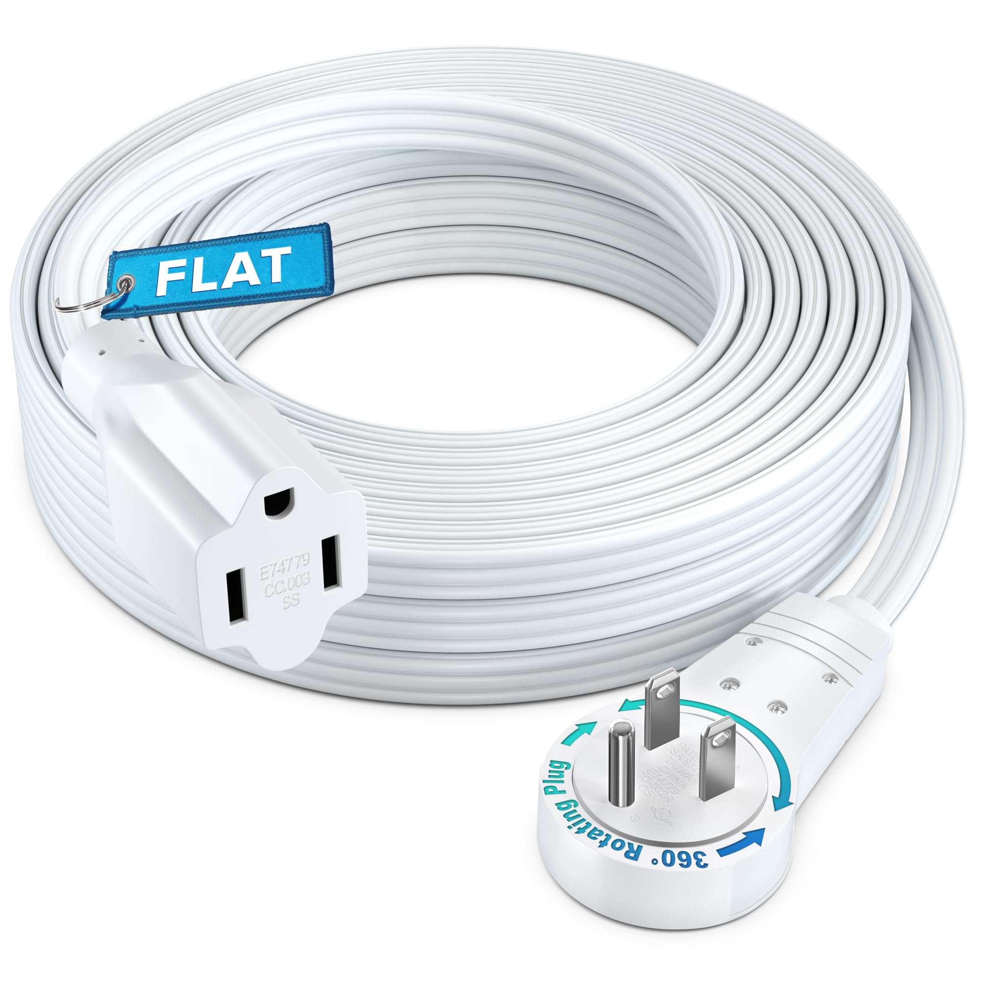Maximm 360? Rotating Flat Plug Extension Cord 25 feet Flat Extension Cord Under Carpet with Slim Space-Saving Plug Design, Low P