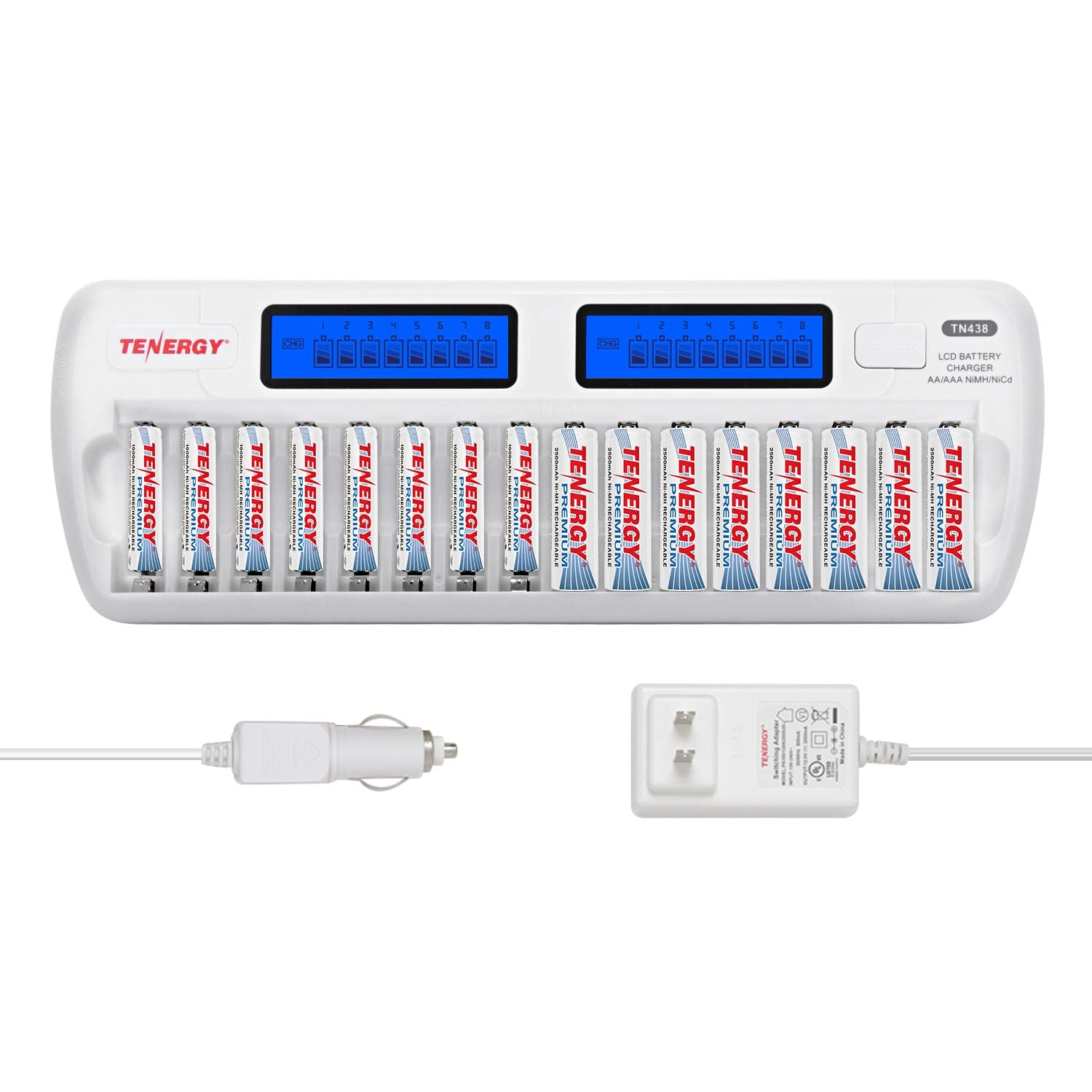 Tenergy TN438 16-Slot Smart Battery Charger for AA AAA NiMH NiCd Batteries with LCD Display + 8 AA and 8 AAA Premium Rechargeabl
