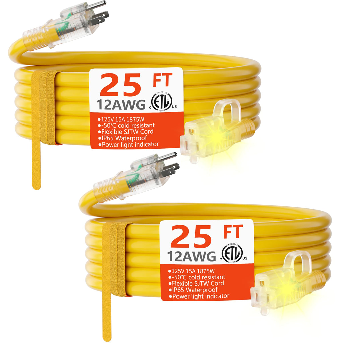Huanchain 12/3 25Ft 2 Pack Heavy Duty Outdoor Extension Cord 25 Ft Waterproof With Lighted End, Flexible Cold Resistant 3 Prong