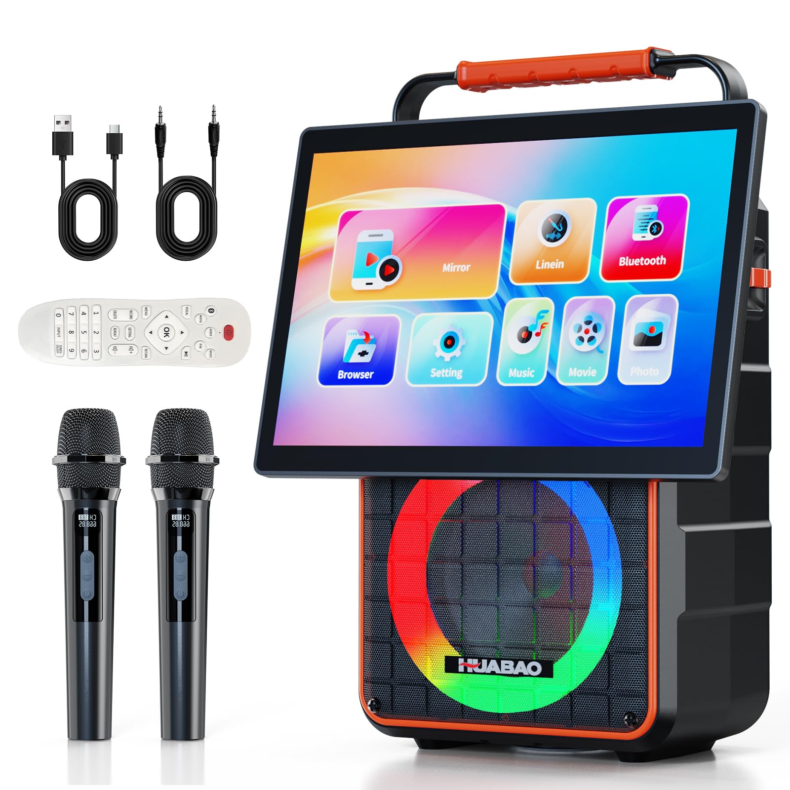 Portable Bluetooth Karaoke Speaker with 14.1    HD Screen, Wireless Screen Mirroring for iOS & Android, 2 Wireless Rechargeable 