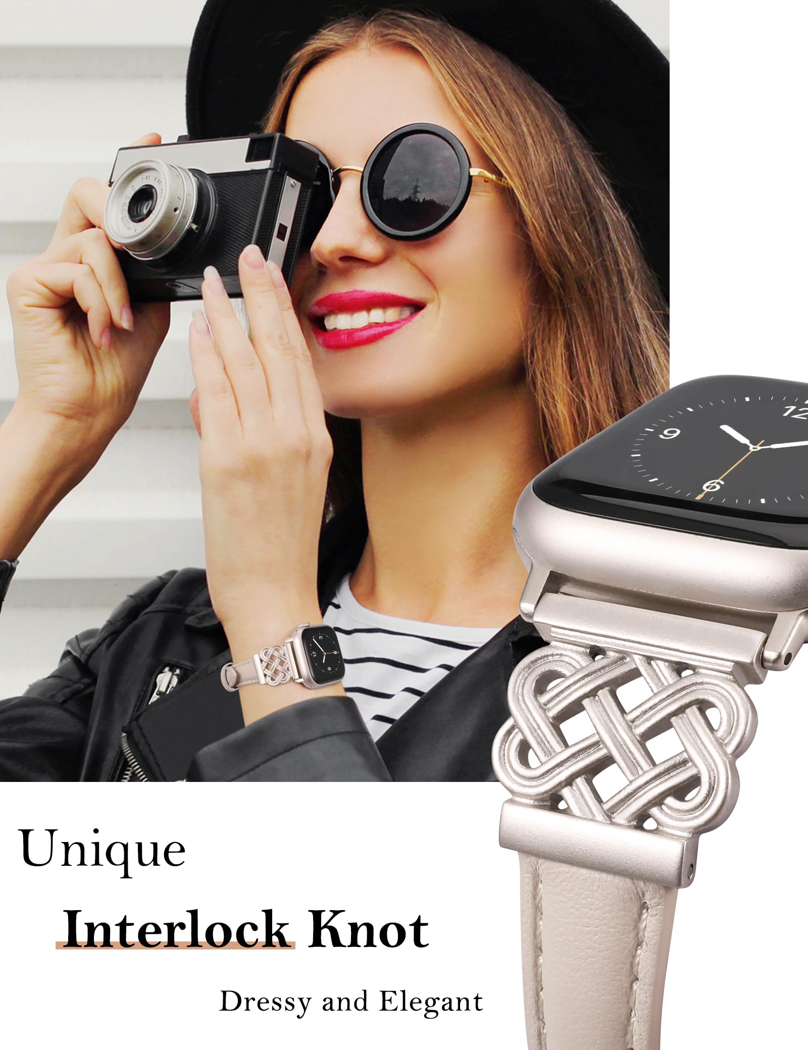 Toyouths Leather Band Compatible With Apple Watch Bands Women 42/44/45/46/49Mm Dressy Slim Leather Strap With Designer Interlock