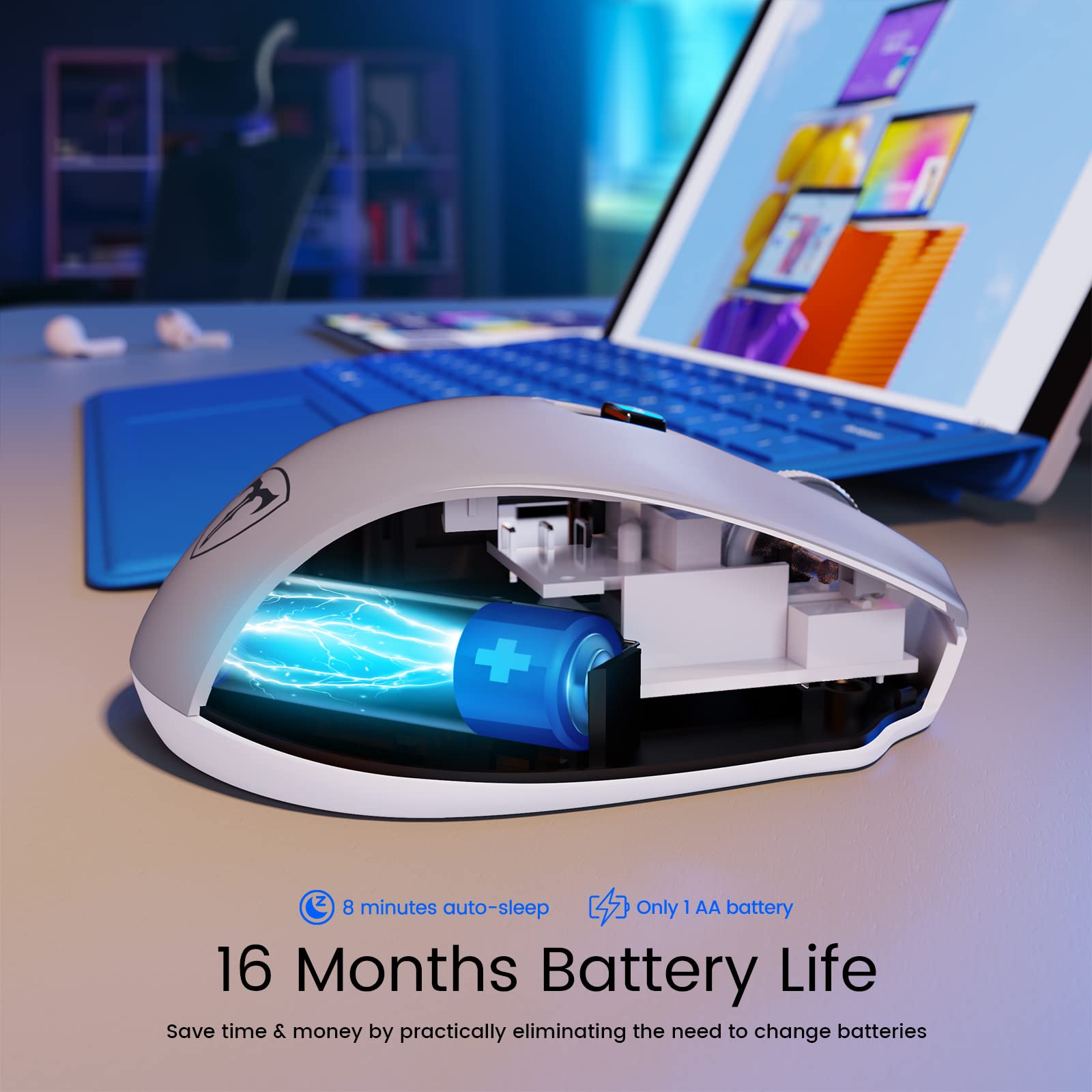 Hotweems D 09 Wireless Mouse For Laptop   Ergonomic Plus Computer Usb Cordless Mice, Ergo Grips, Lightspeed 5 Level 2400 Dpi, 16 Months Battery Life, Portable For Pc Mac Chromebook, 6 Button, Mithril