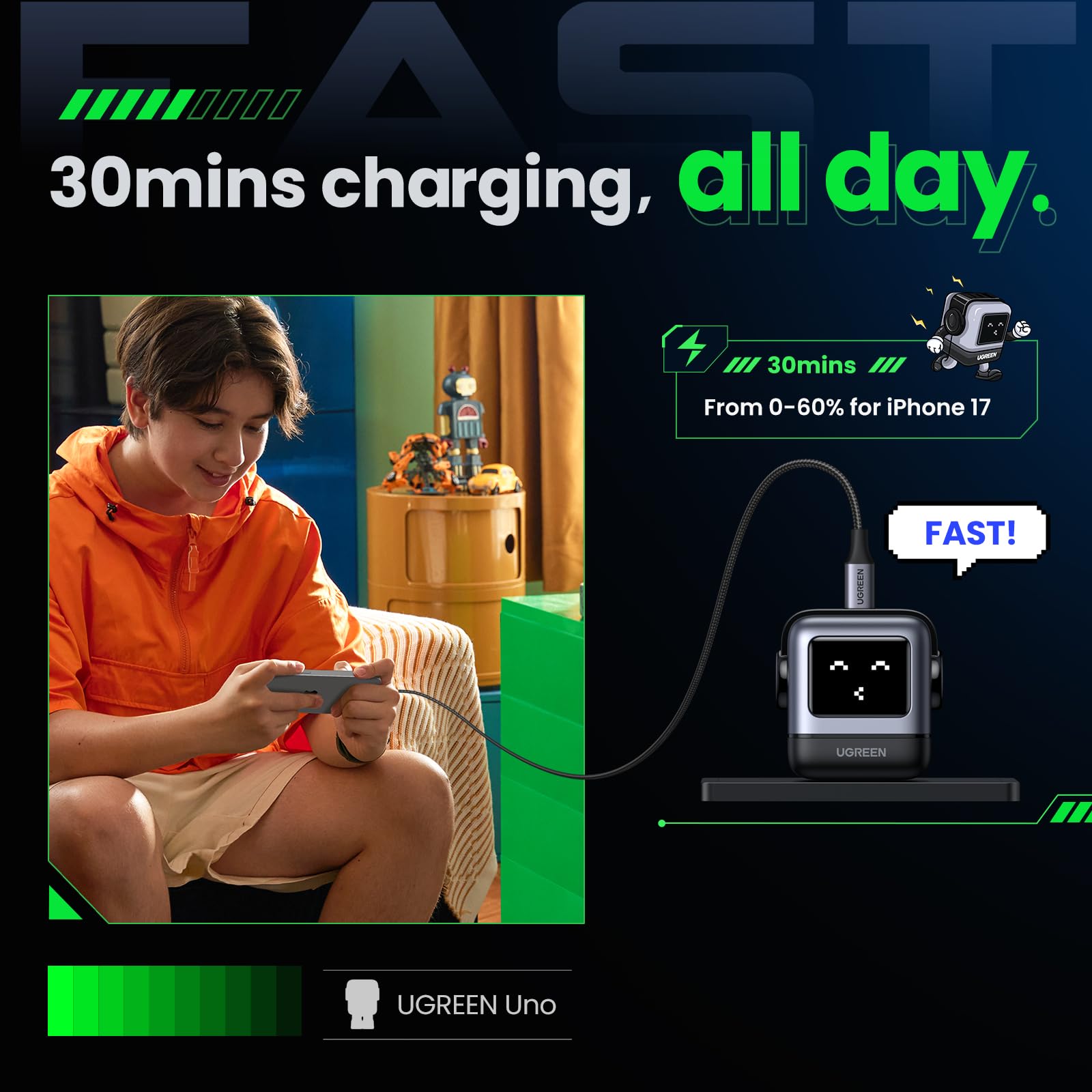 Ugreen Uno 30W Usb C Charger Block, Compact Nexode Robot Gan Fast Charger For Iphone 17/16/15/14, Galaxy S25/S24/S23/S22, Pixel