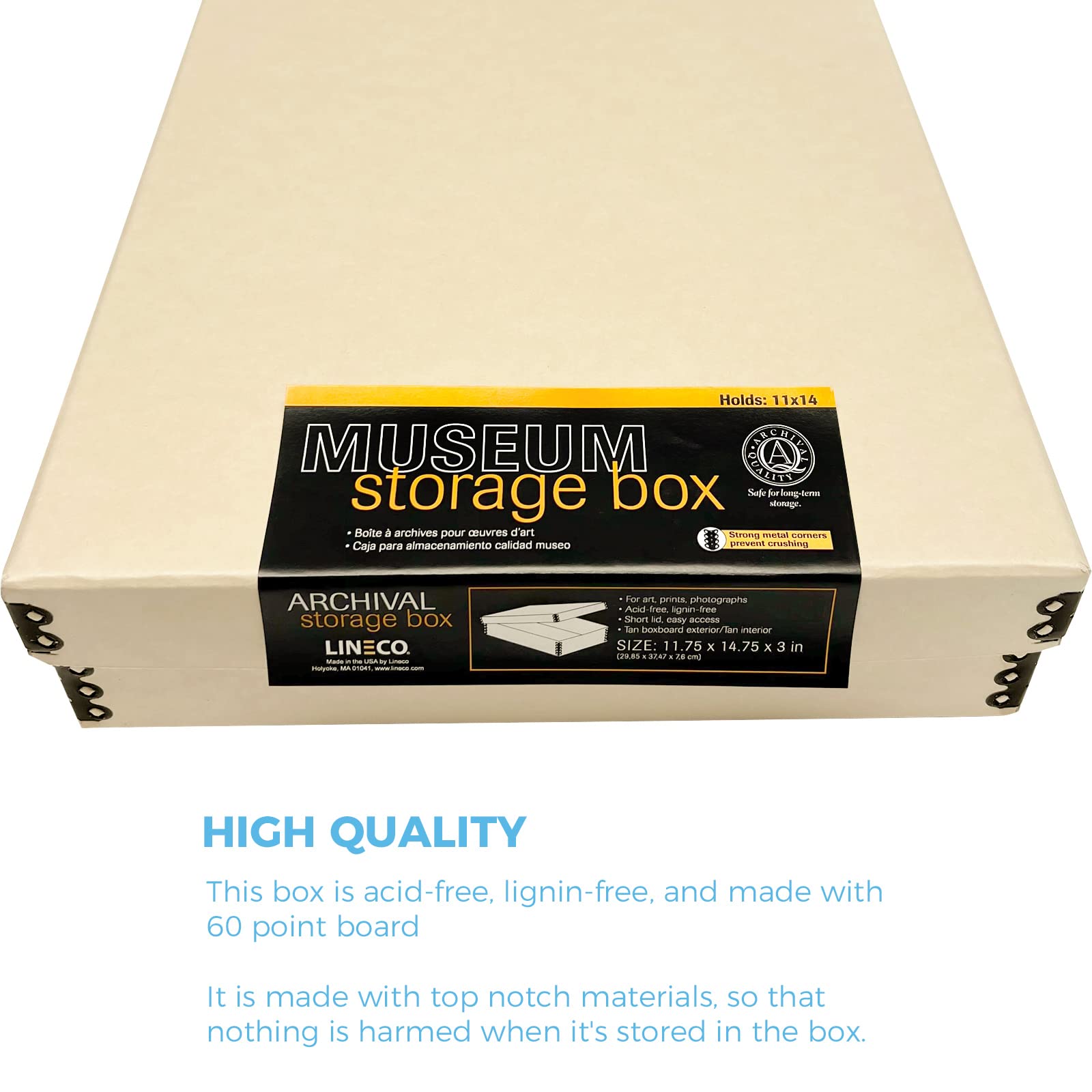 Lineco, 11X14 Tan Museum Archival Storage Box, Acid Free With Metal Edge. Preserves Picture Longevity, Organize Photos Or Docume
