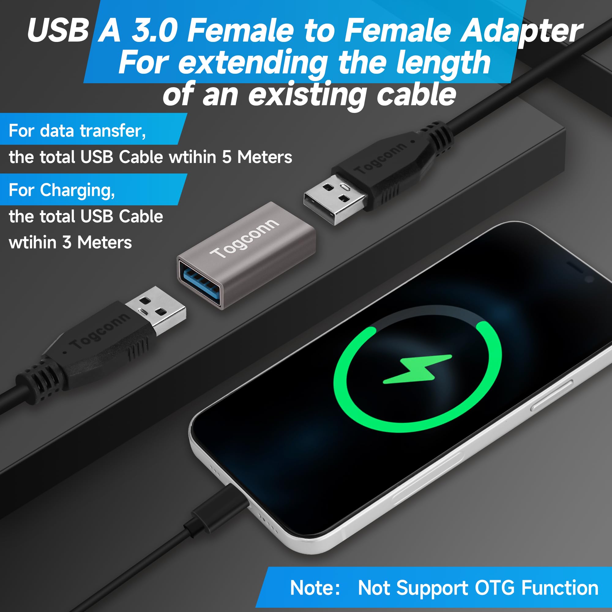 Togconn Female To Female Usb Adapter(2 Pack), Usb Type A 3.0 Female To Female 3.0 Cable Coupler, High Speed Usb Extension Connec