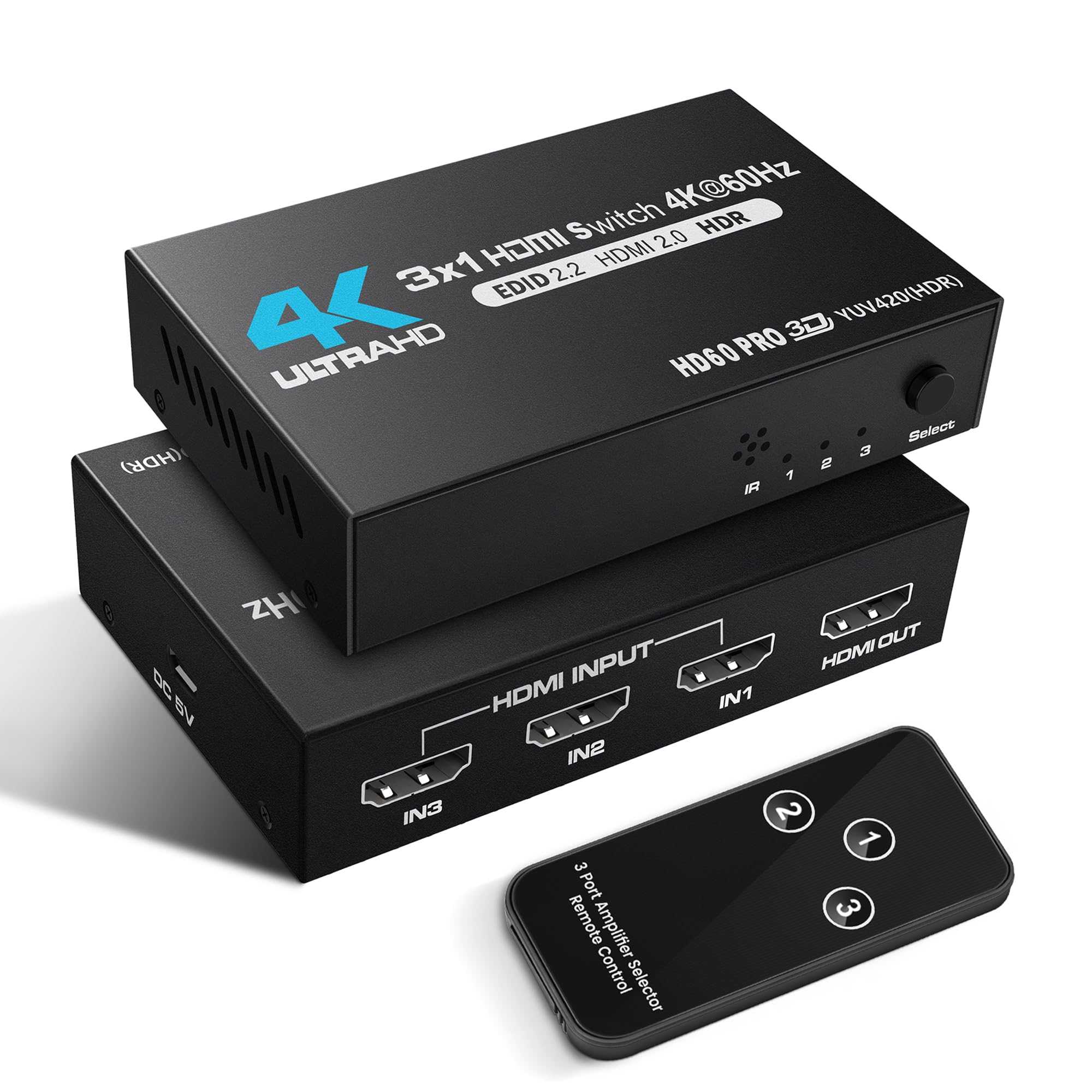 Newcare Hdmi Switch 3 In 1 Out 4K@60Hz Hdmi Splitter, 4K Hdmi Switch With Remote Metal Hdmi Switch Box Hub Support 4K@60Hz/30Hz 1080P 3D Hdr Auto Switching For Ns Xbox Ps4/5 Pc Fire Stick Roku