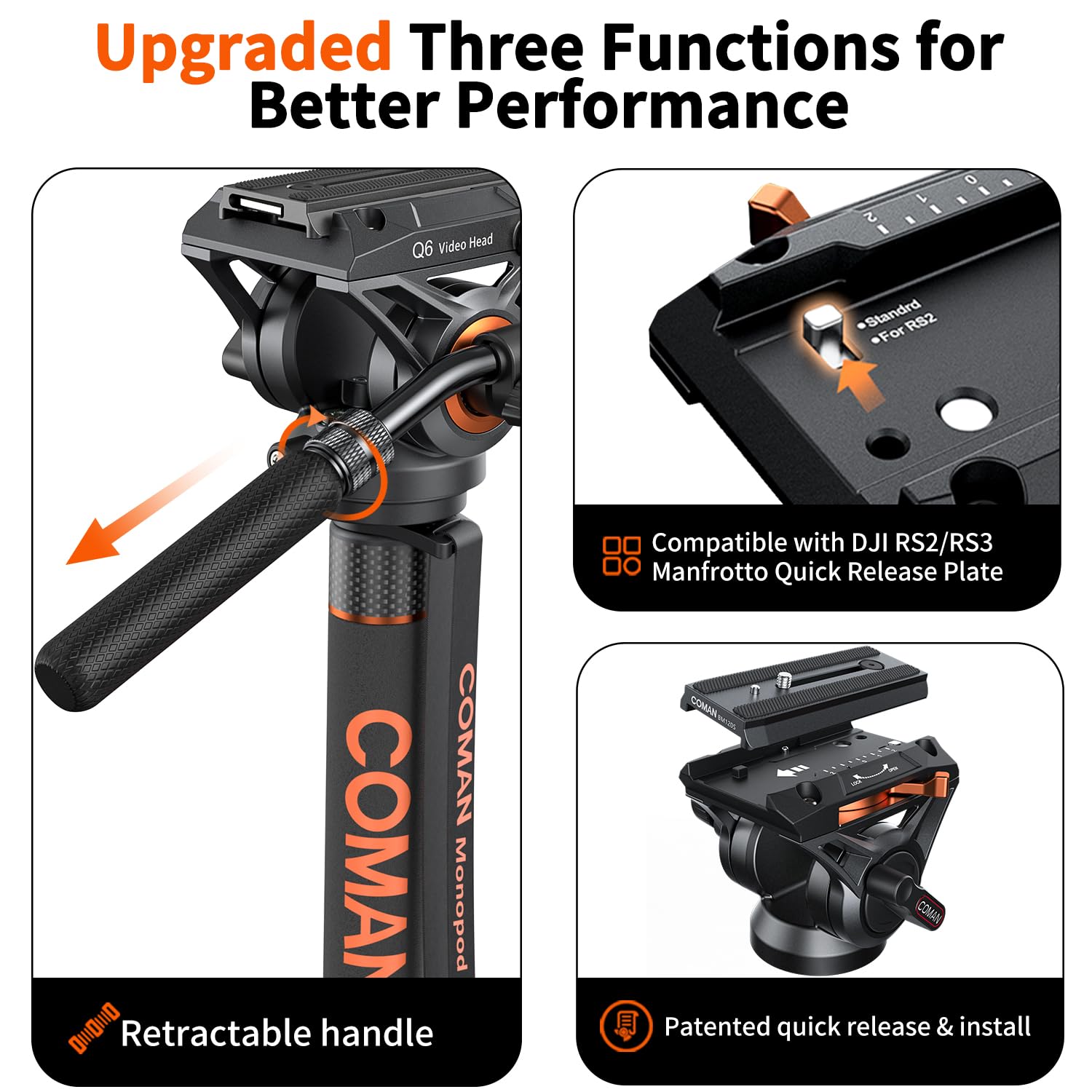 Famall Monopod With Feet, Coman Professional Video Camera Monopod Q6 With Tripod Stand 70.6 Inch Max Load 22 Lbs For Cameras, Ca