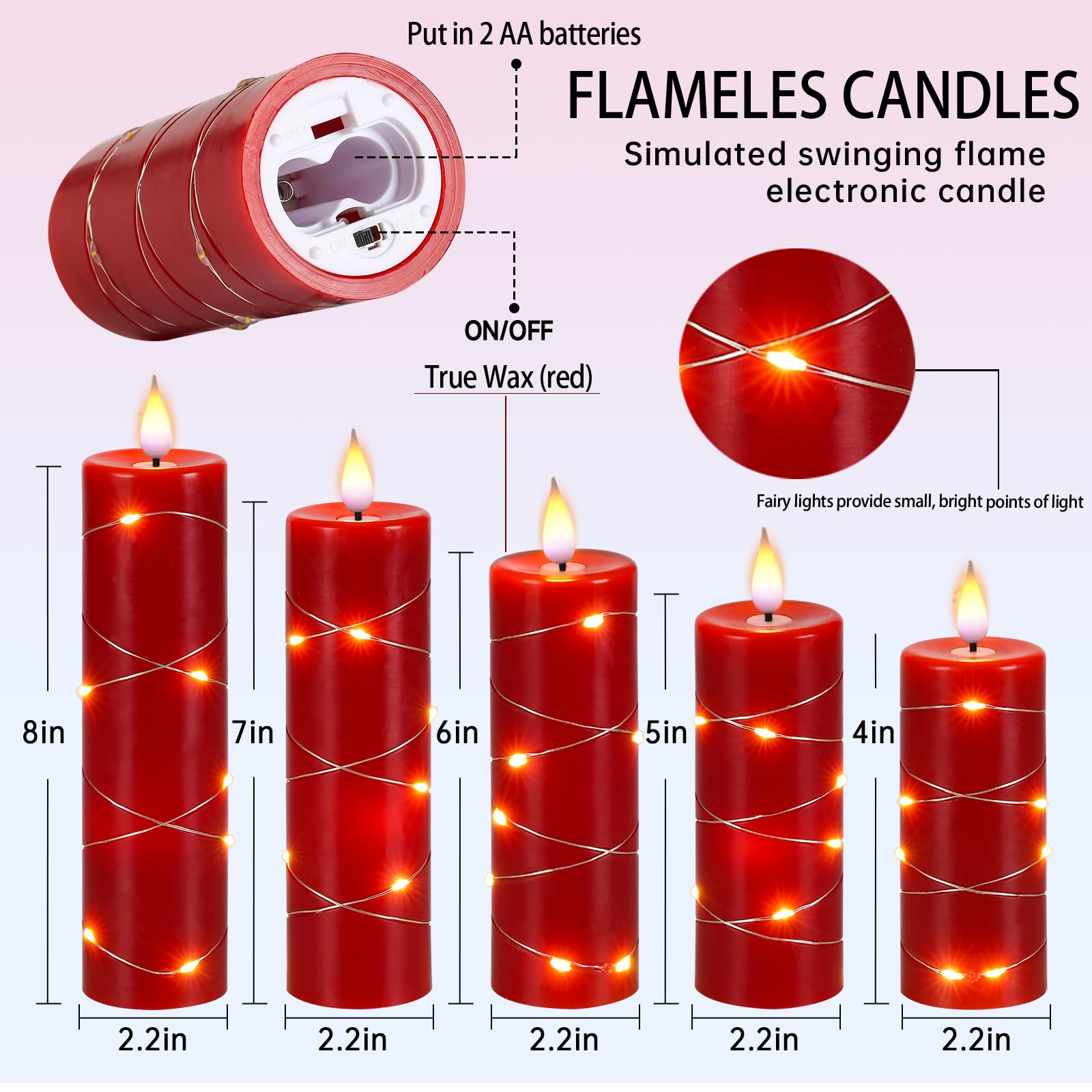 Kiexung Red Flameless Candle Fairy String Lights, Premium Led Flickering Flame Simulation, Led Candle With Remote & Timed, 5 Cel