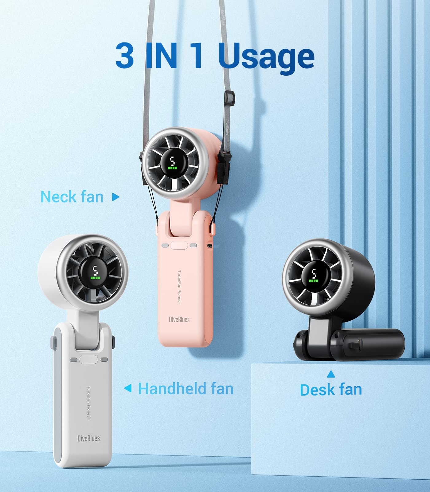 Diveblues Portable Handheld Turbo Fan, 5 Gear Wind, Battery Operated, Up To 12 Working Hours, 3 In 1 Hand Fan With Air Turbo Tec