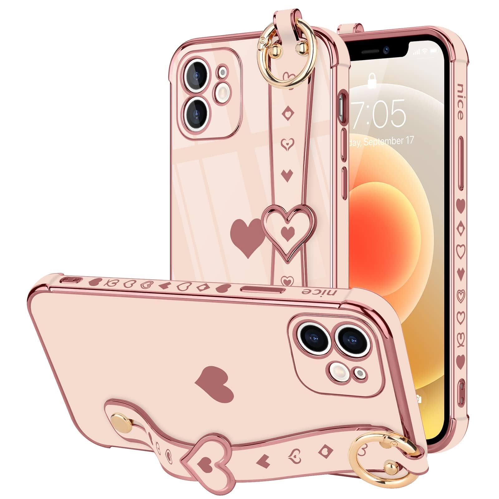 Llz.Coque For Iphone 12 Case Cute Love Heart Plating Strap Phone Cover For Women Girls Bling Soft Silicone Camera Lens Protectio