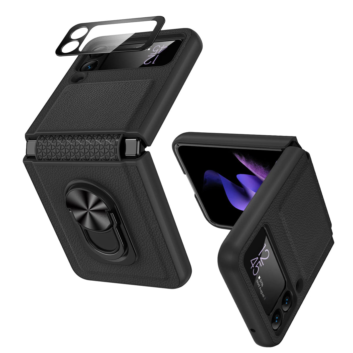 Vego For Galaxy Z Flip 3 Case With Hinge Protection, 360   Rotate Ring Stand Magnetic Cover Case With Built In Tempered Glass Ca