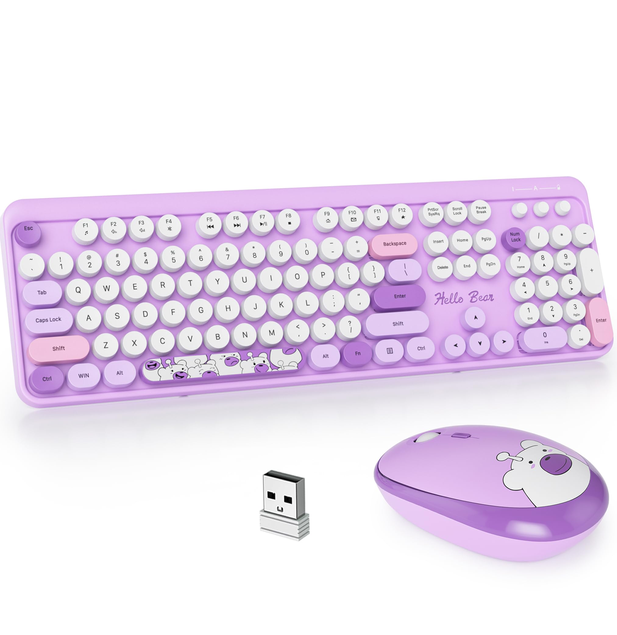 Gtsp Typewriter Purple Keyboard And Mouse Wireless, Cute Keyboard 2.4G Office Full Size Retro Keyboard With Round Keycaps For La