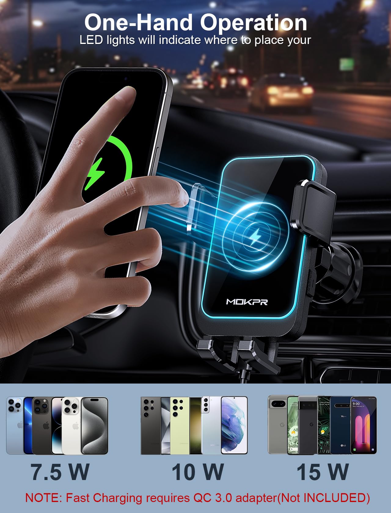 Wireless Car Charger, Mokpr 15W Fast Charging Auto Clamping Dashboard Windshield Air Vent Car Phone Holder With Led Light Car Ch