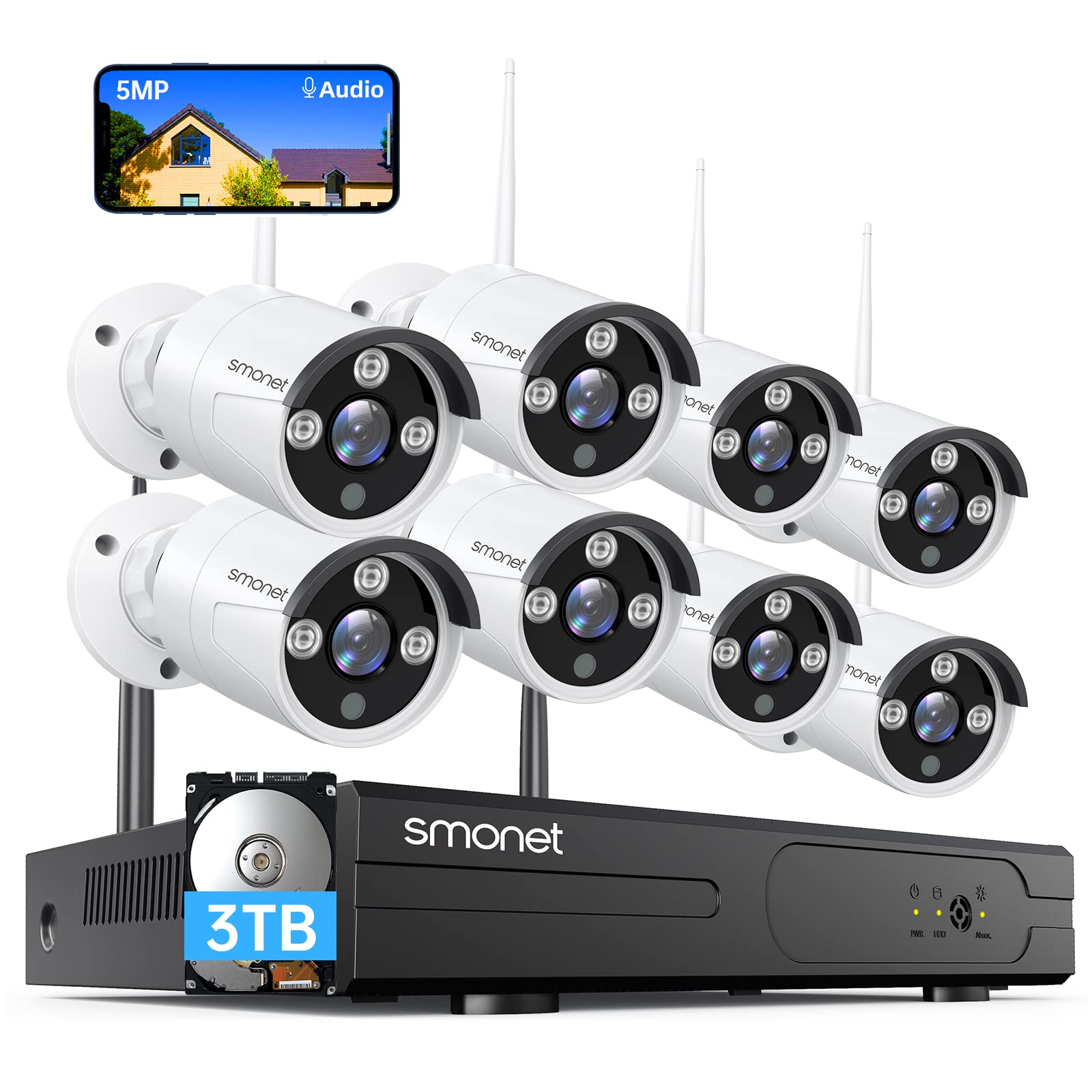 [5Mp Hd,Audio] Smonet Wifi Security Camera System,3Tb Hard Drive,8Ch Home Surveillance Dvr Kits,8 Packs Outdoor Indoor Ip Camera