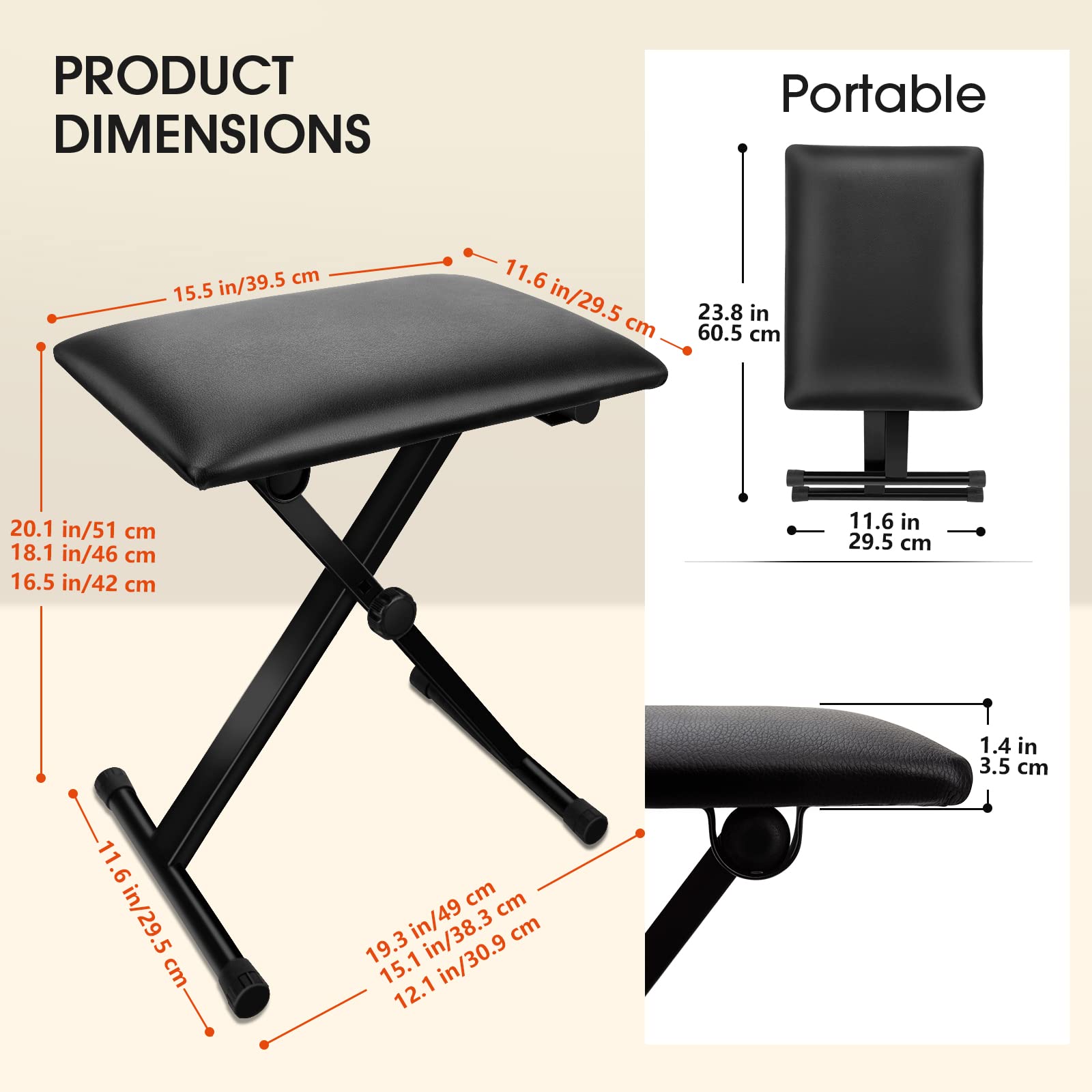 Letsrock Piano Bench, Keyboard Bench X Style Padded Adjustable Portable Stool Collapsible Chair Foldable Seat Waterproof & Non S