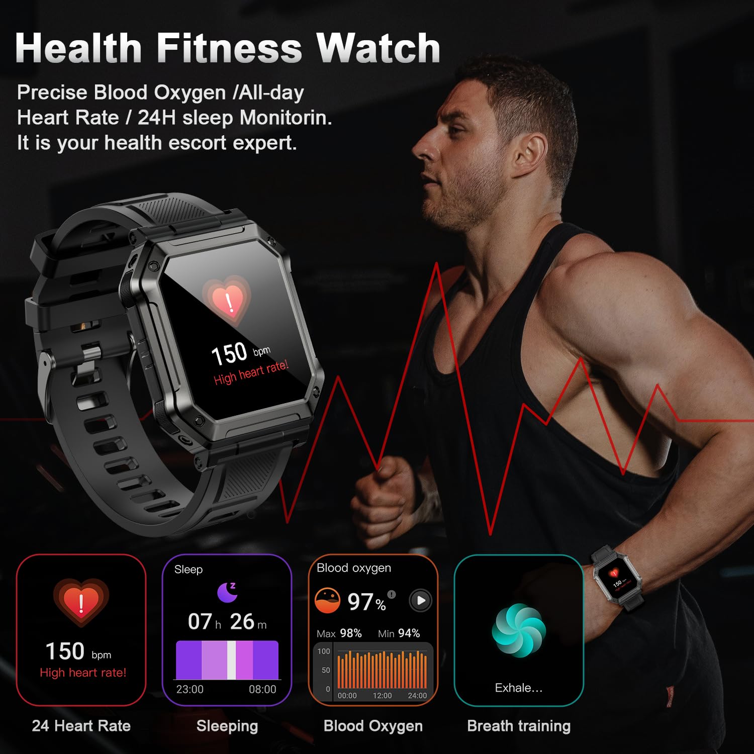 Smart Watch For Men Fitness Tracker: (Make/Answer Call) Bluetooth Military Smartwatch For Android Phones Iphone Waterproof Outdo