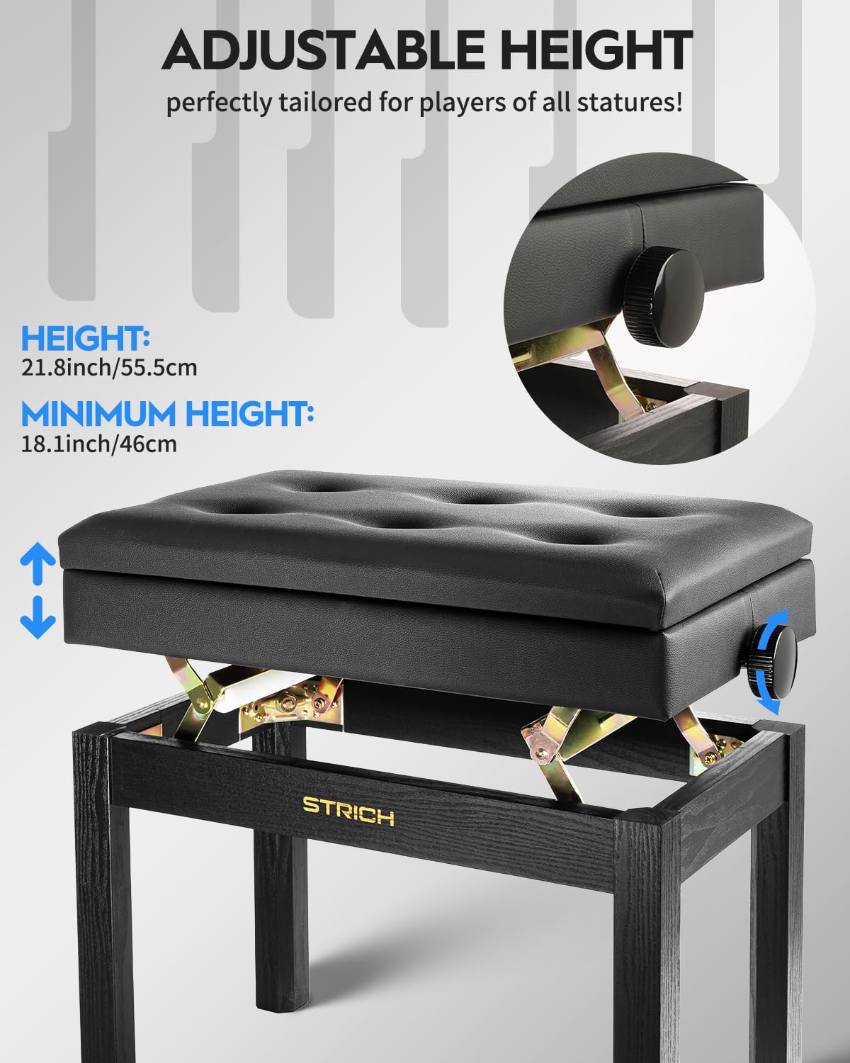 Strich Adjustable Piano Bench With Storage, Wooden Keyboard Bench With Bookcase Stool Chair Seat With High-Density Sponges Cushi