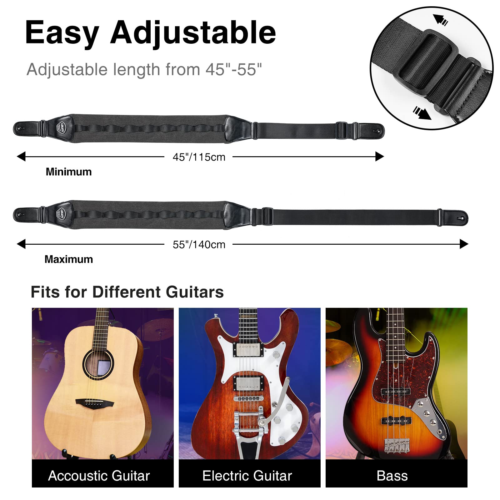 Lekato Bass Straps For Heavy Bass & Guitars With 3.5    Wide Bass Guitar Strap Padded Thickened Foam Guitar Strap Adjustable Len