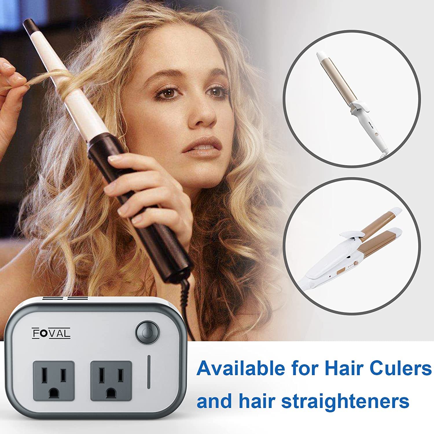 Foval Power Step Down 220V To 110V Voltage Converter International Travel Adapter For Hair Straightener/Curling Iron Including U