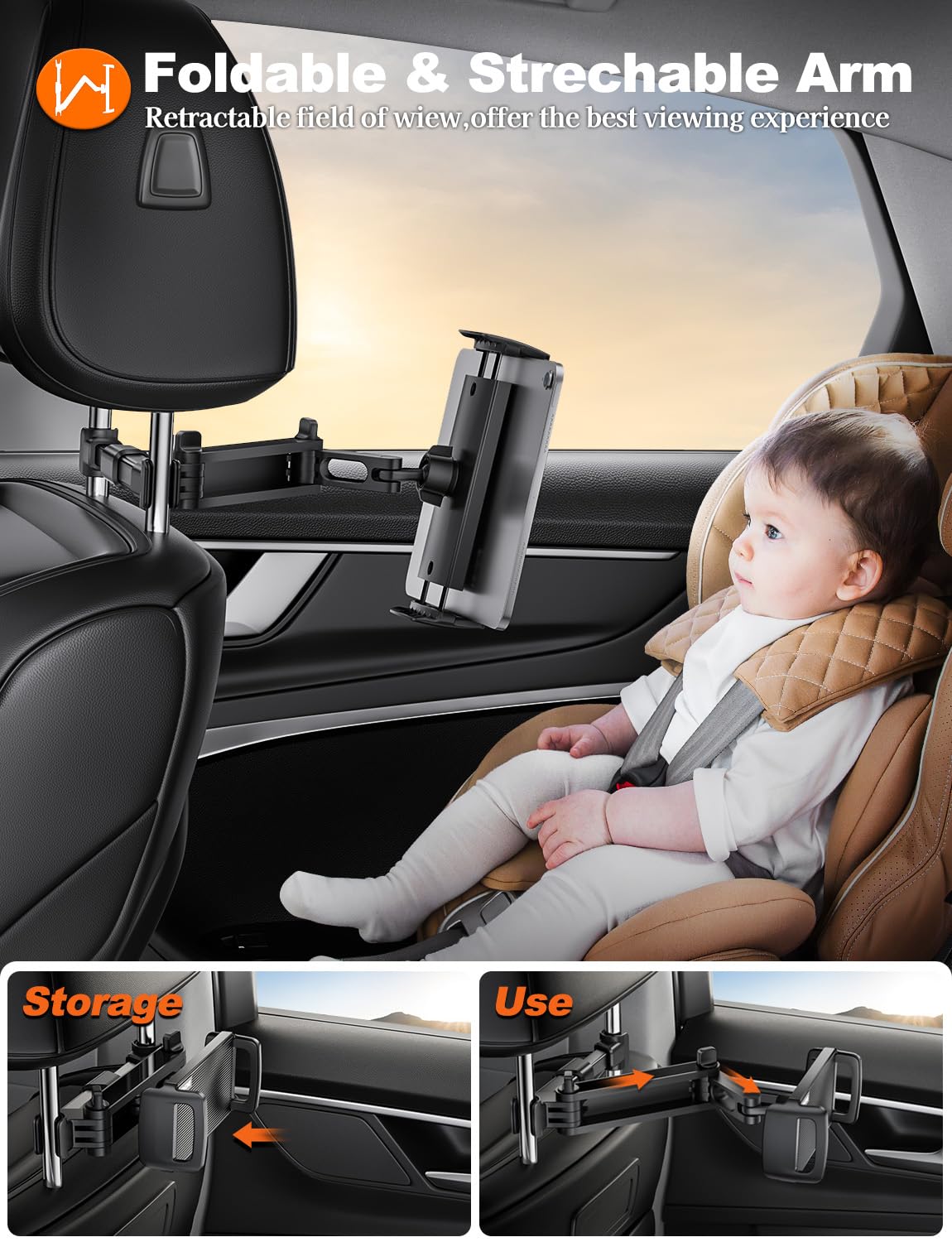 Tryone Car Headrest Tablet Holder Mount Stretchable Backseat Tablets Stand For Kids, Car Seat Mounts Compatible With Ipad Pro 12