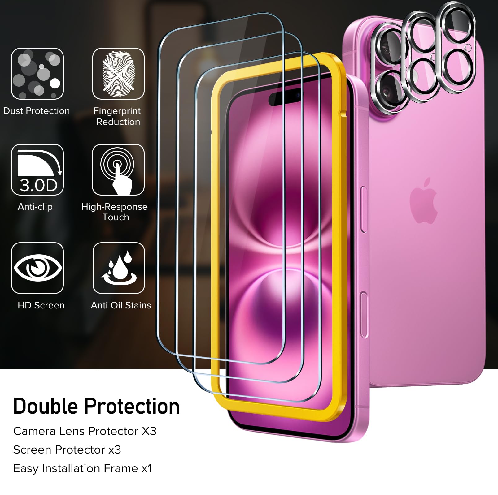 Ivoler 3+3 Pack Tempered Glass For Iphone 16 Plus 6.7'' Screen Protector [3 Pack] With [3 Pack] Camera Lens Protector With [Alig