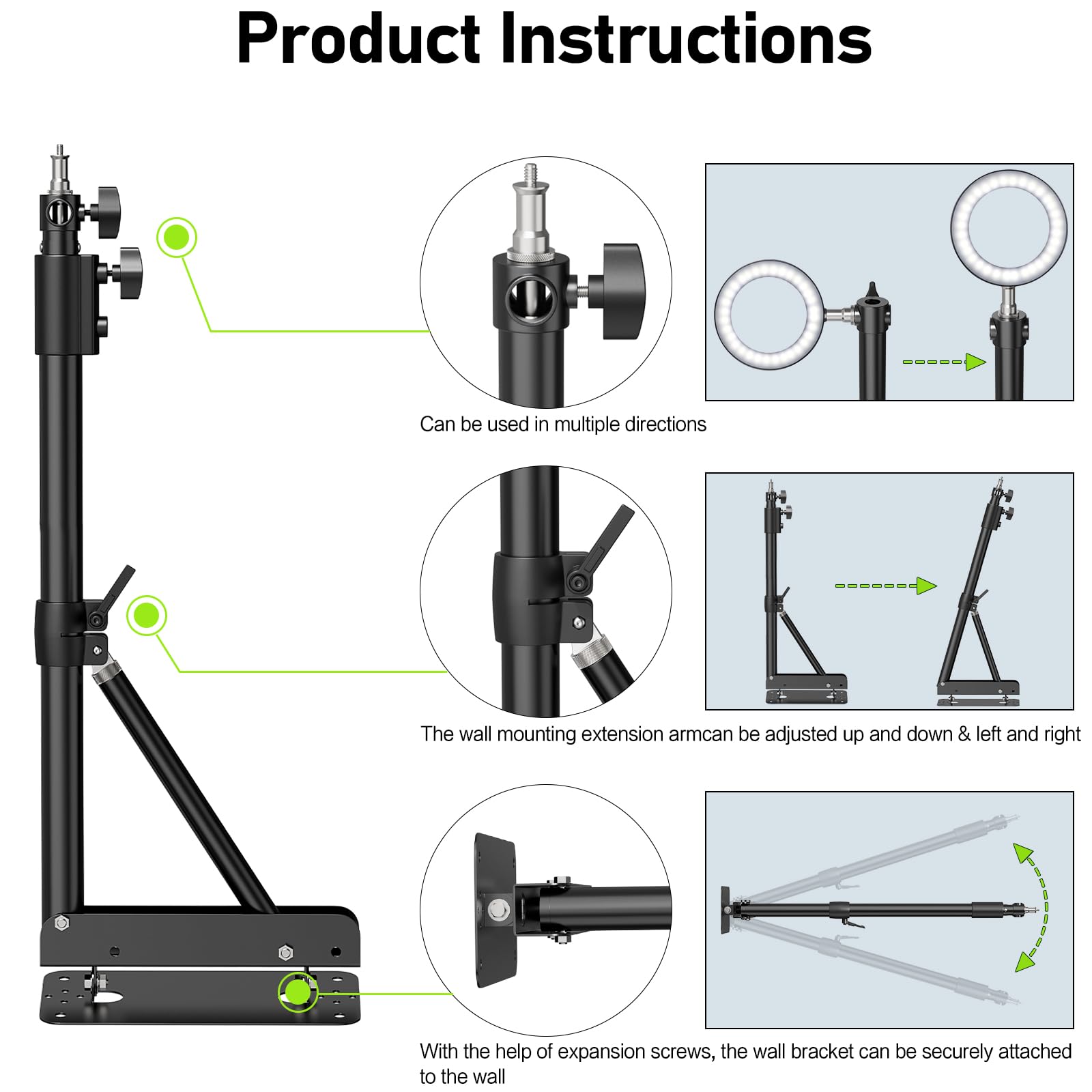 Ring Light Mount   Wall Mount Triangle Boom Arm, 4.3Ft/130Cm Wall Stand Tirpod Support 180Flexible Rotation For Studio Video Lig