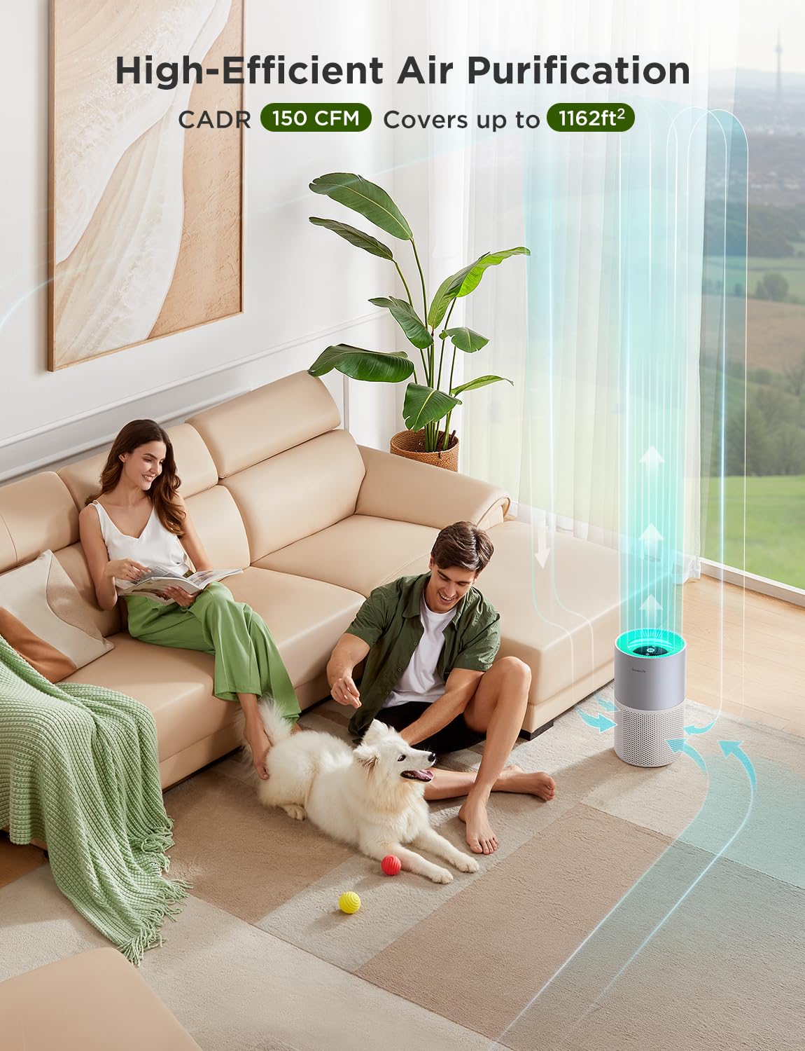 Goveelife Smart Air Purifier For Homes And Large Rooms With Detachable Pre Filter, Air Quality Monitor, Covers Up To 1162Ft, Pm2
