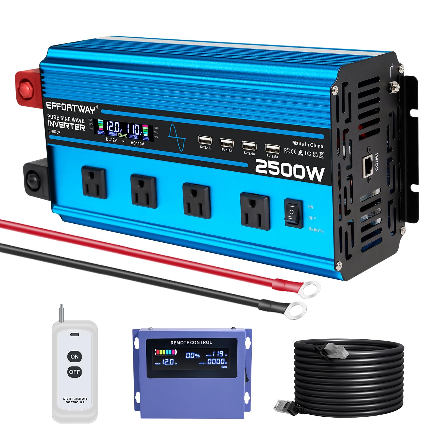 2500w Pure sine Wave Inverter DC 12V to AC 110V/120V Converter, 5000w (Peak) with LCD Display, Wireless/Wired Remote Control, 4A