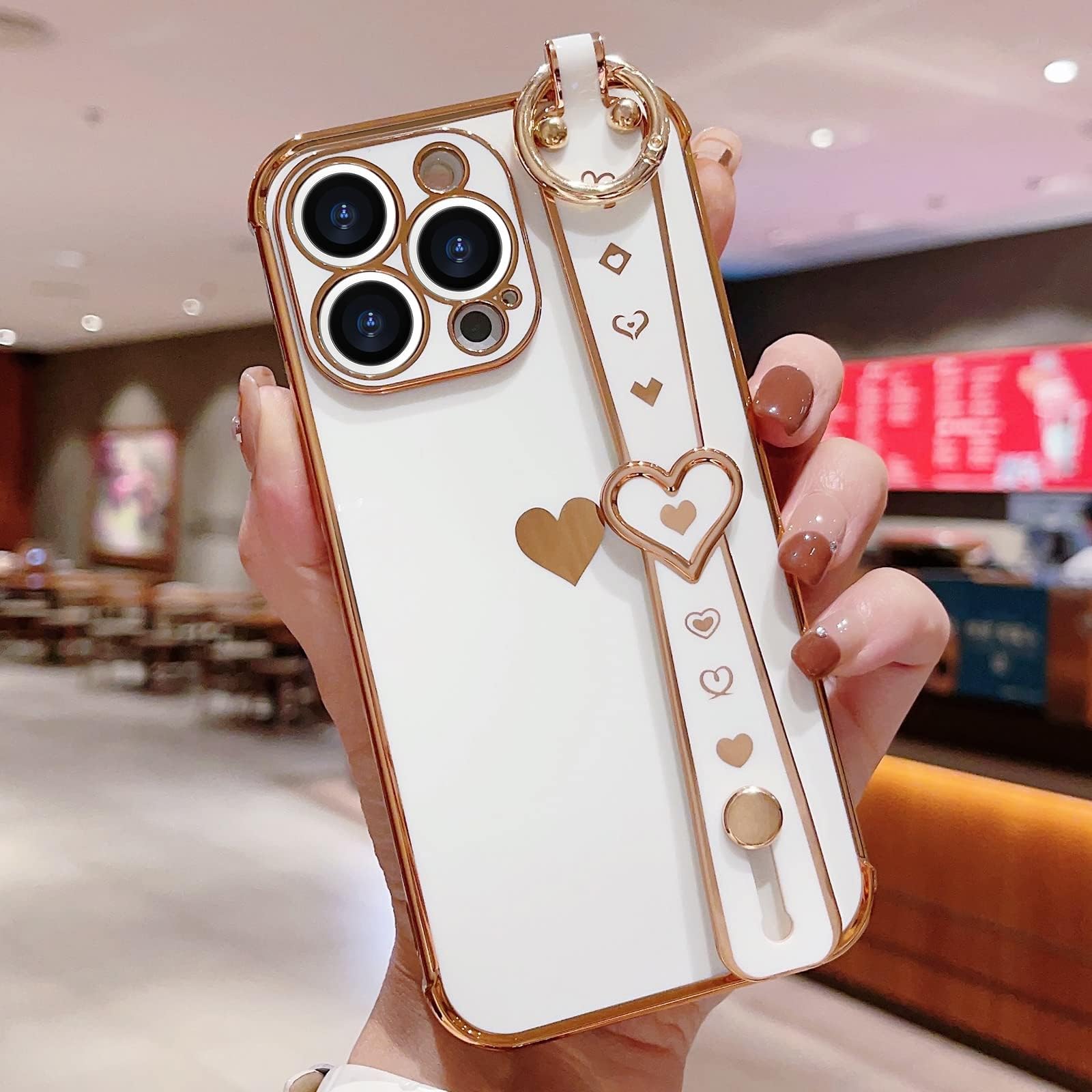 Llz.Coque For Iphone 13 Pro Case Cute Love Heart Plating Strap Phone Cover For Women Girls Bling Soft Silicone Camera Lens Prote