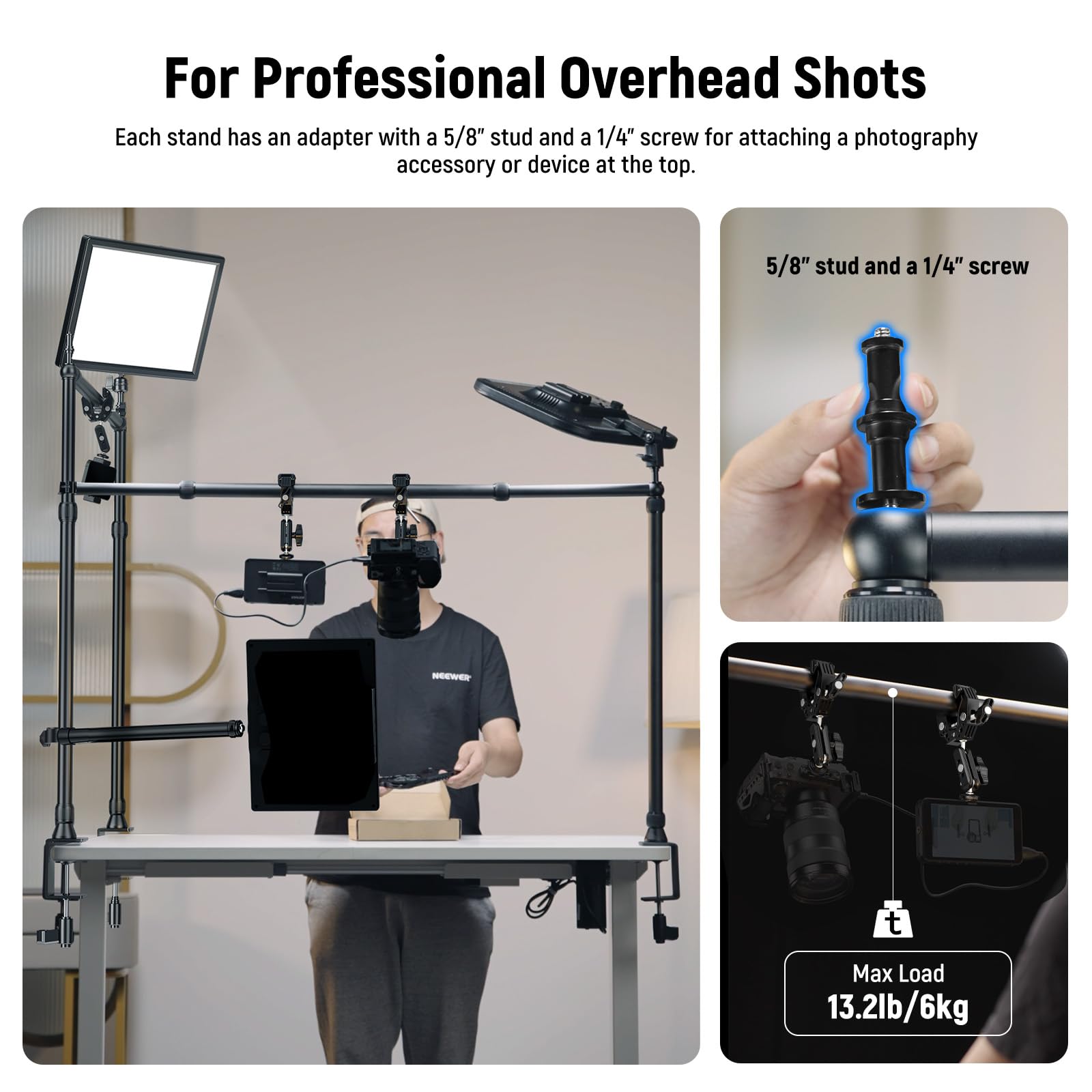 Neewer Overhead Camera Mount Rig With Dual Ball Head Super Clamp/Phone Holder/C Clamp For Desktop Top Down Shots, Metal Multi De