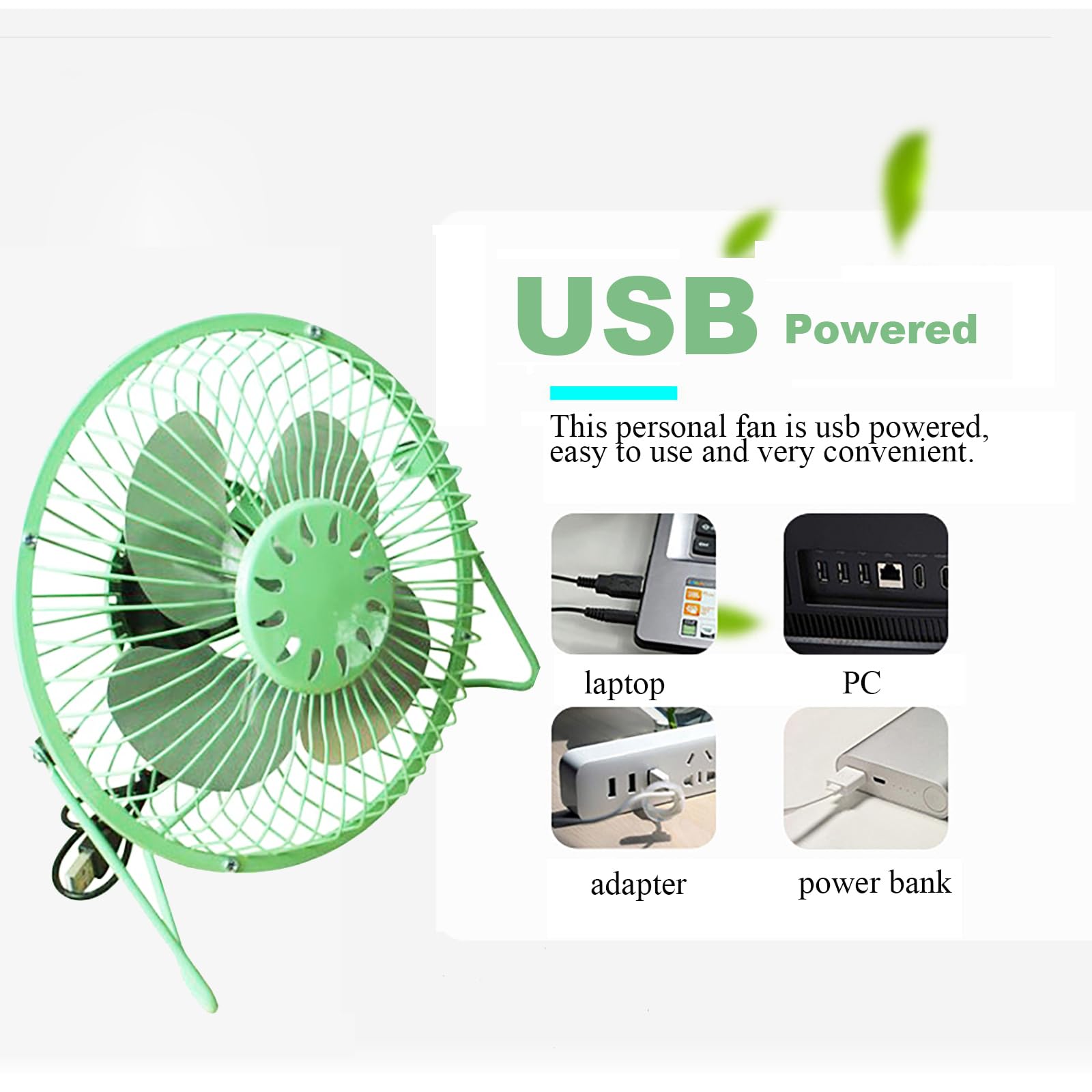 Sokelinn Six 4 Inch Small Usb Desk Fan, Metal Mini Quiet Personal Cooling Fan For Home Office Car Travel (Green)