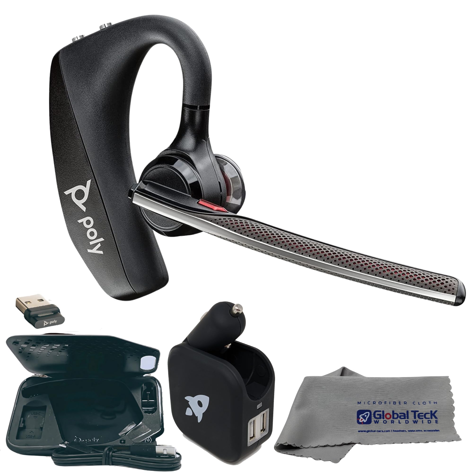 Plantronics Voyager 5200 Bluetooth Headset Bundle - Noise Canceling Wind Blocking Mic for Calls, Zoom Meetings, 6 Hours Recharge