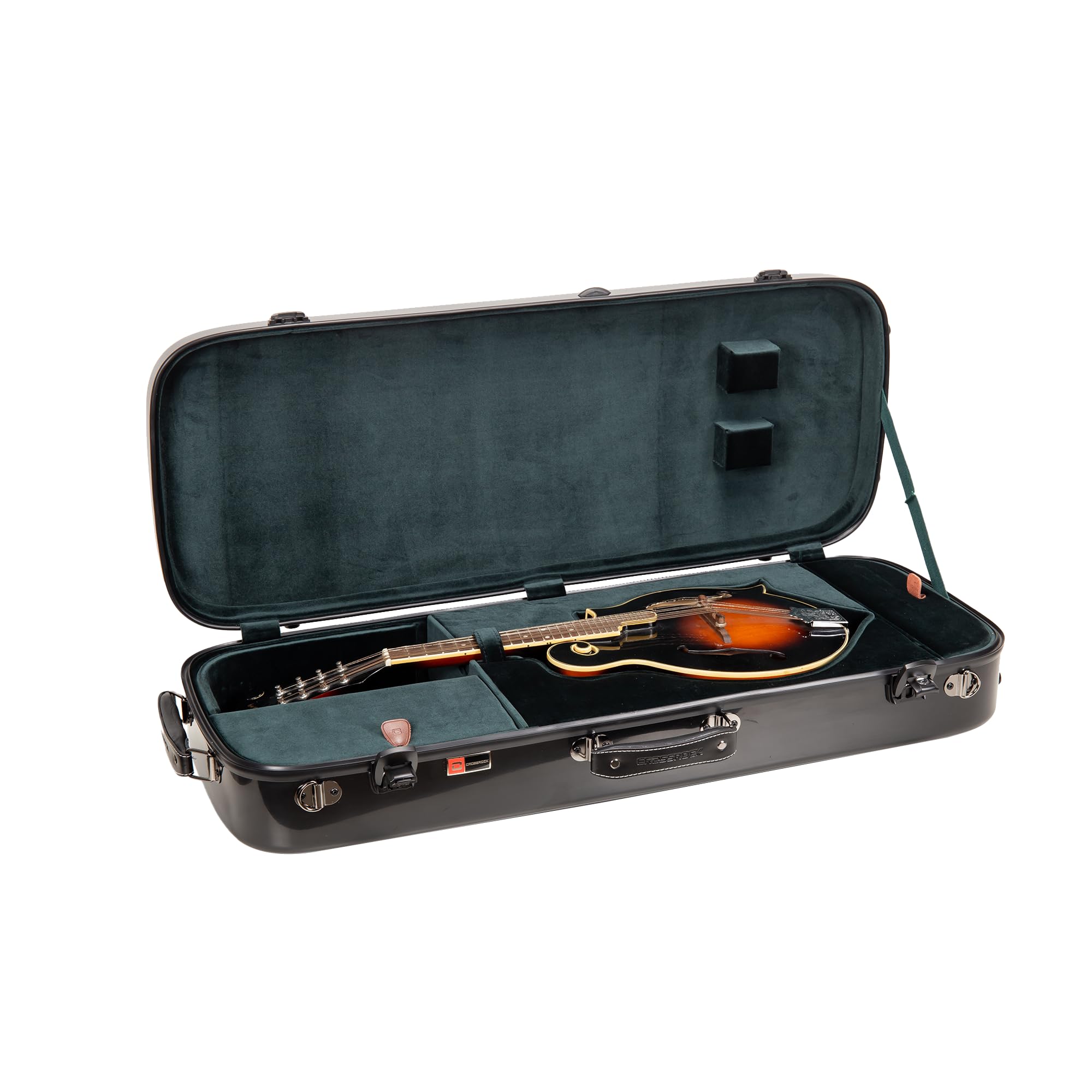 Crossrock Fiberglass Mandolin Case - Oblong for F-Style (Fits Gibson F5) | Black Gloss Finish, Forest Green Velvet, TSA Lock, Hy