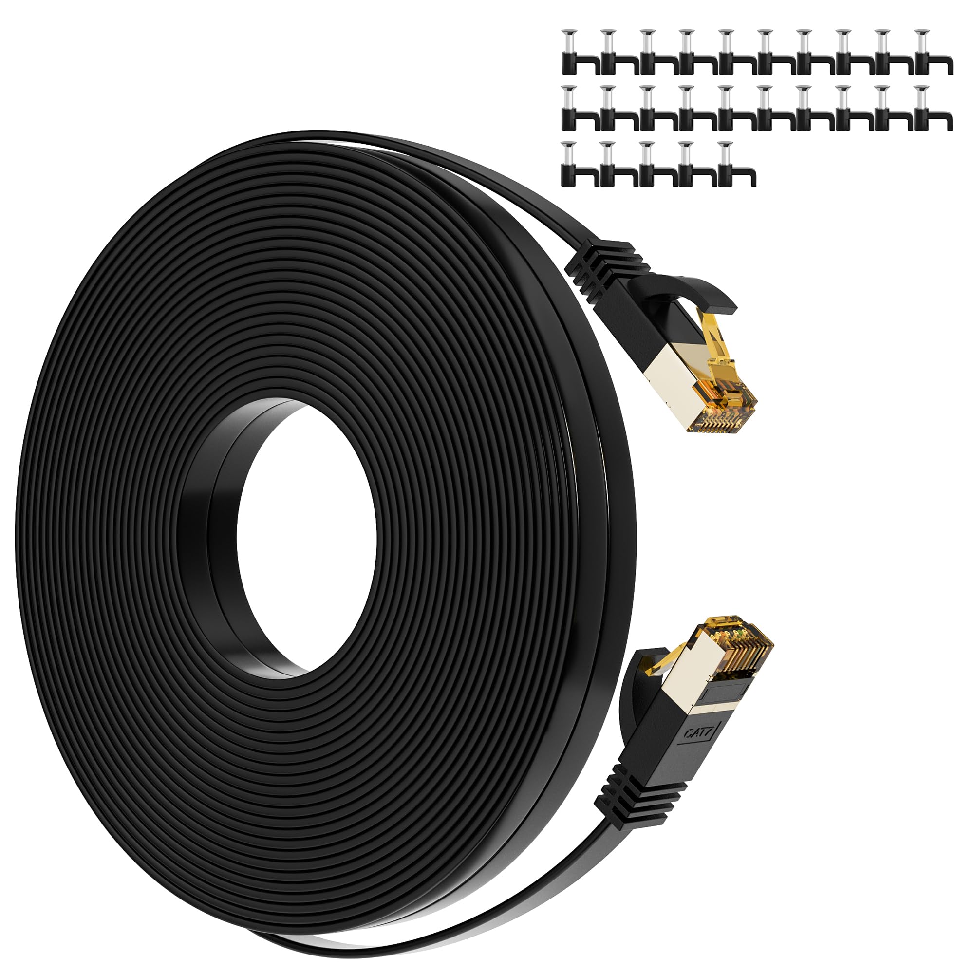Mygatti Cat 7 Ethernet Cable 25 Ft, Cat7 Flat High Speed 10Gbps 600Mhz Shielded Internet Network Patch Black Cord, Ultra Slim Rj