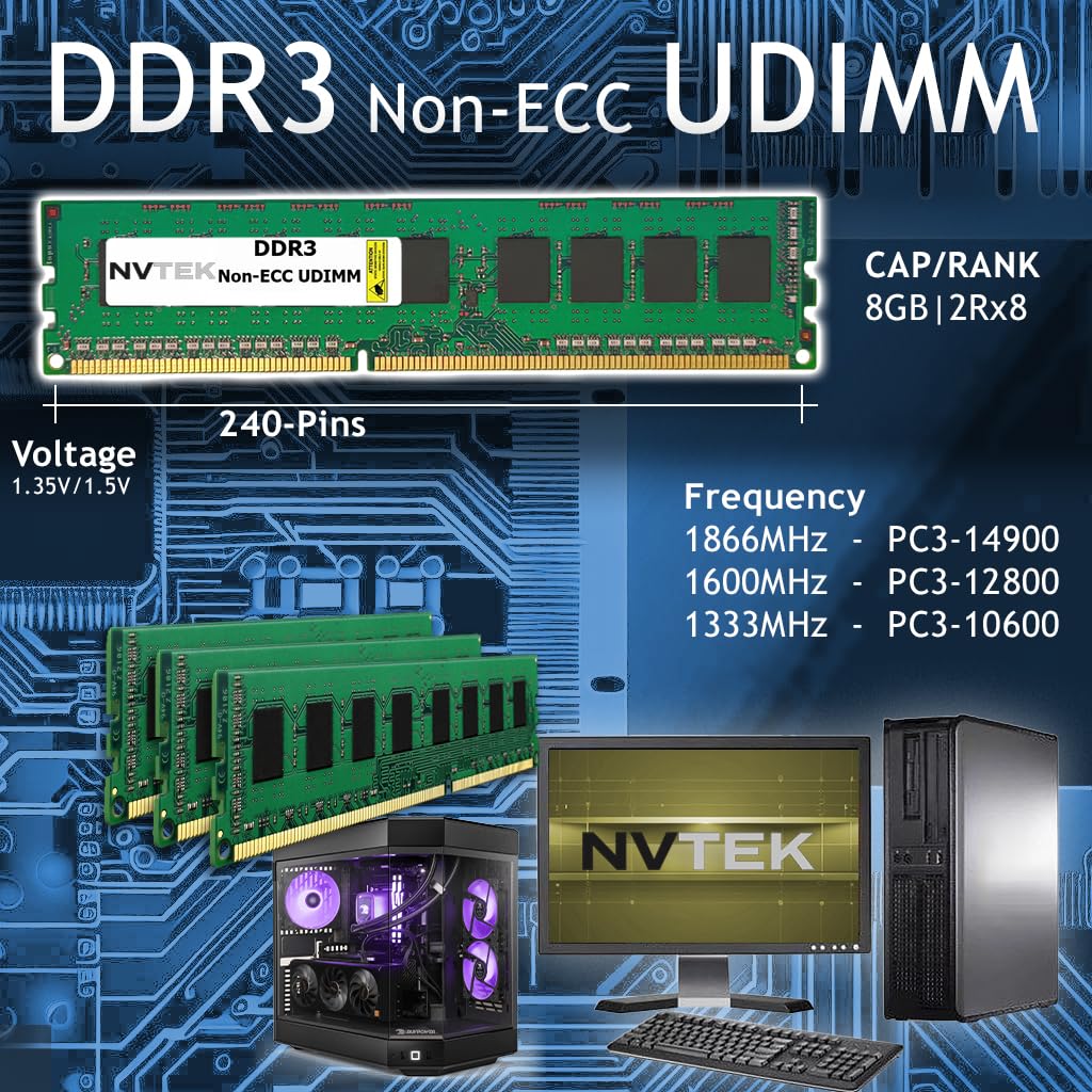 Nvtek 32Gb (4X8Gb) Ddr3 1600Mhz Pc3 12800 2Rx8 1.35V 240 Pin Non Ecc Unbuffered Udimm Desktop Pc Computer Memory Kit