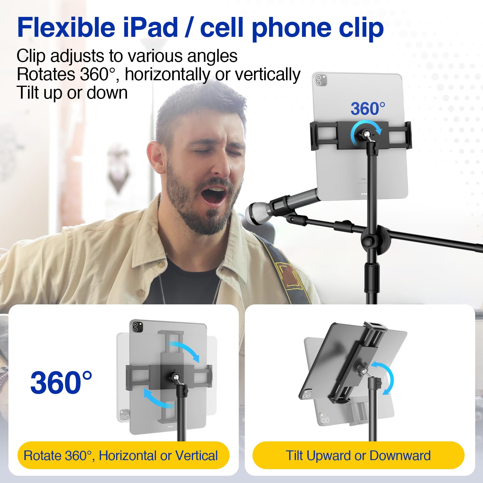 Oukmic Boom Mic Stand, Microphone Holder Floor With Tablet Phone Support, Heavy Duty Tripod Adjustable Height And Angle 35-65 In