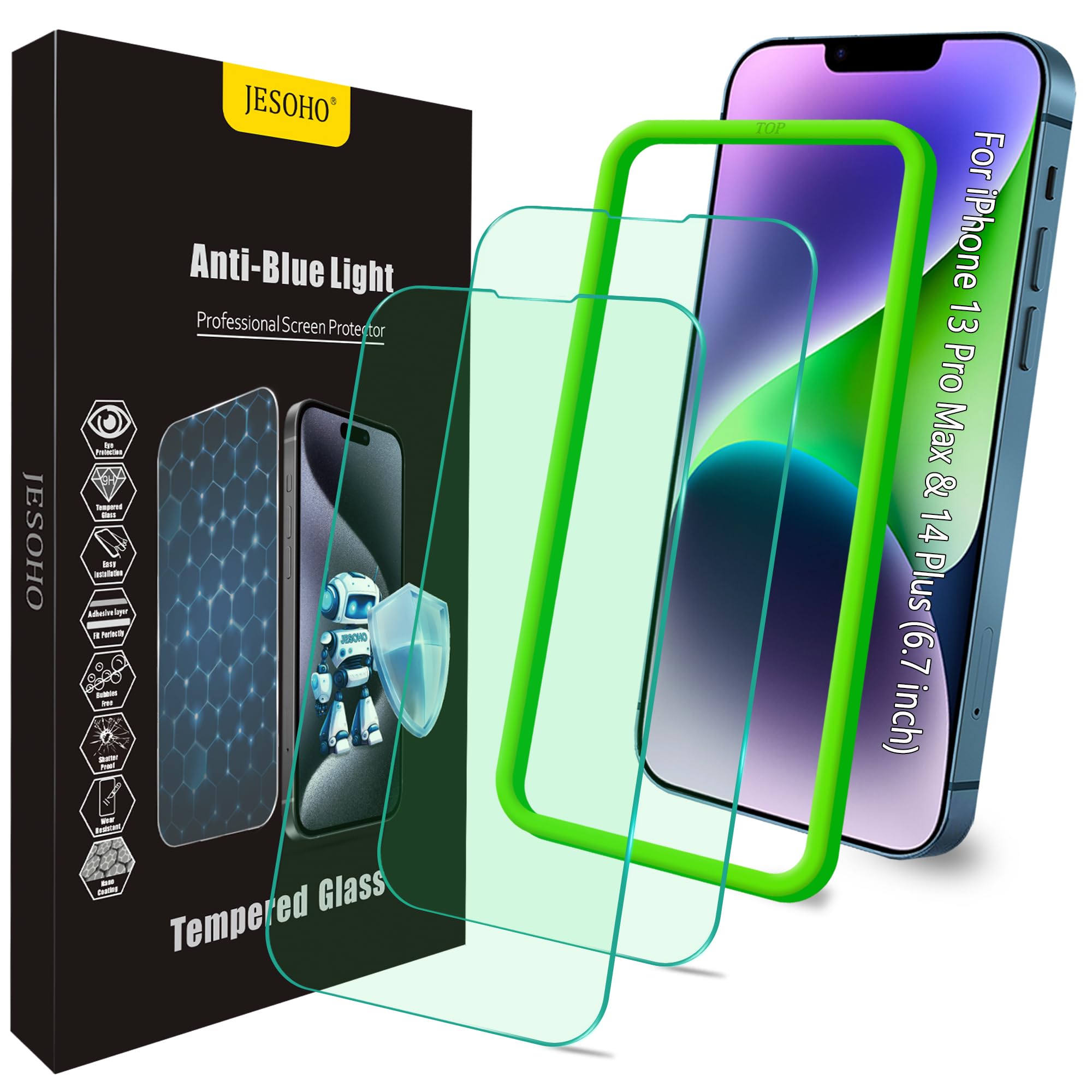 Jesoho Blue Light Screen Protector For Iphone 13 Pro Max & Iphone 14 Plus (6.7''), Eye Protection Tempered Glass Film, Scratch R