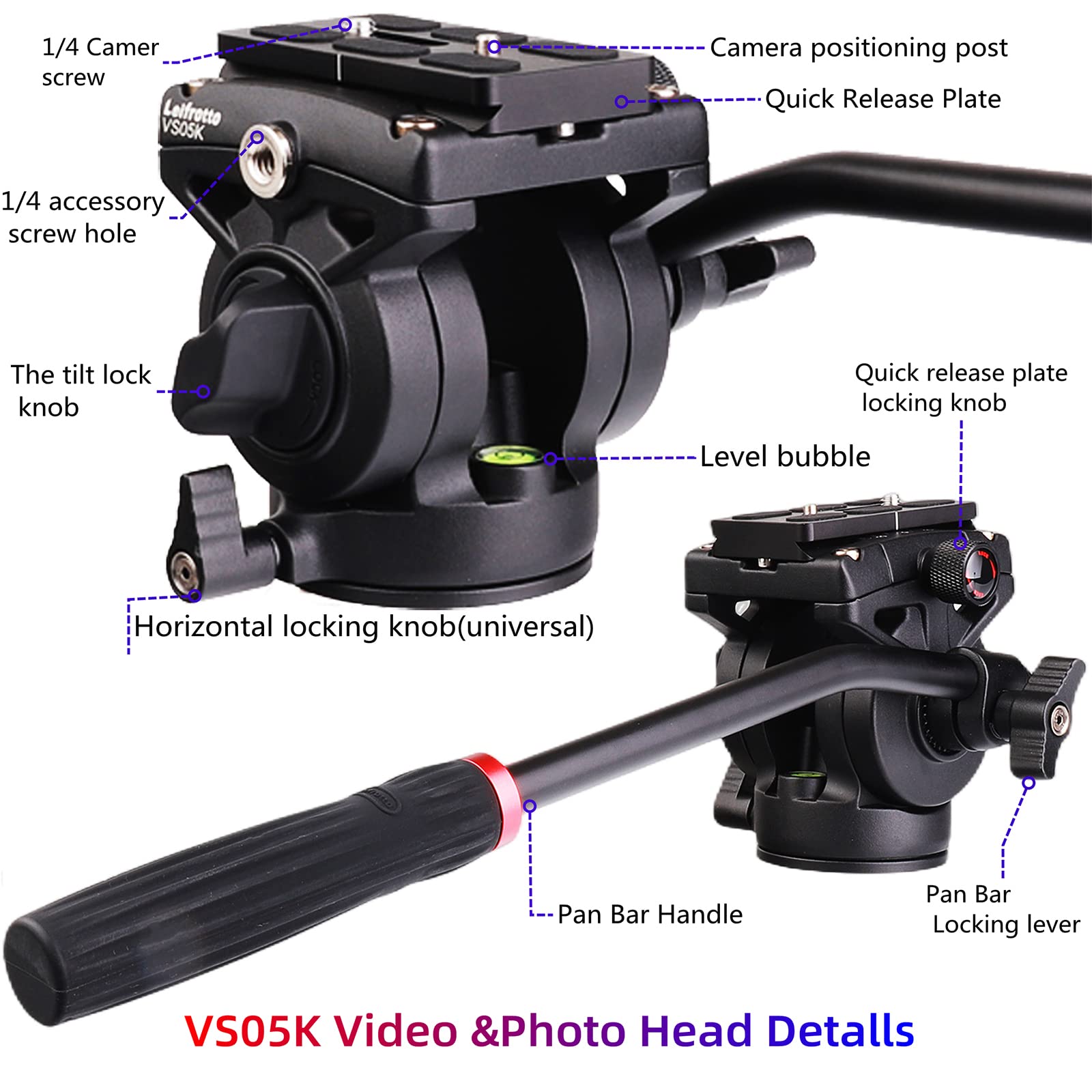 Leifrotto Vs05K Tripod Fluid Head, With 1/4'' Arca Qr Plate, Max Load 11 Lbs For Video Cameras And Dslr Cameras, With 3/8 To 1/4