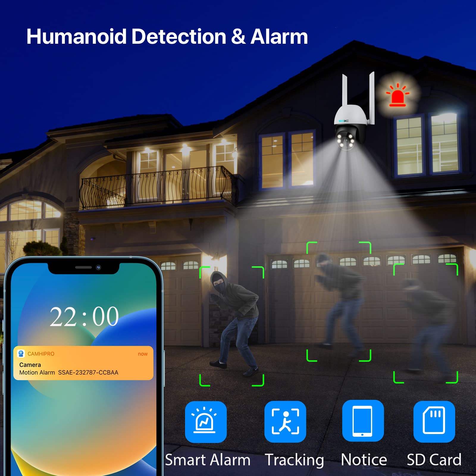 Sv3C 2 Pack Ptz Security Camera Outdoor, 1080P Pan Tilt Wifi Ip Camera, Auto Tracking 360 Camera, Onvif, Color Night Vision, 2 W