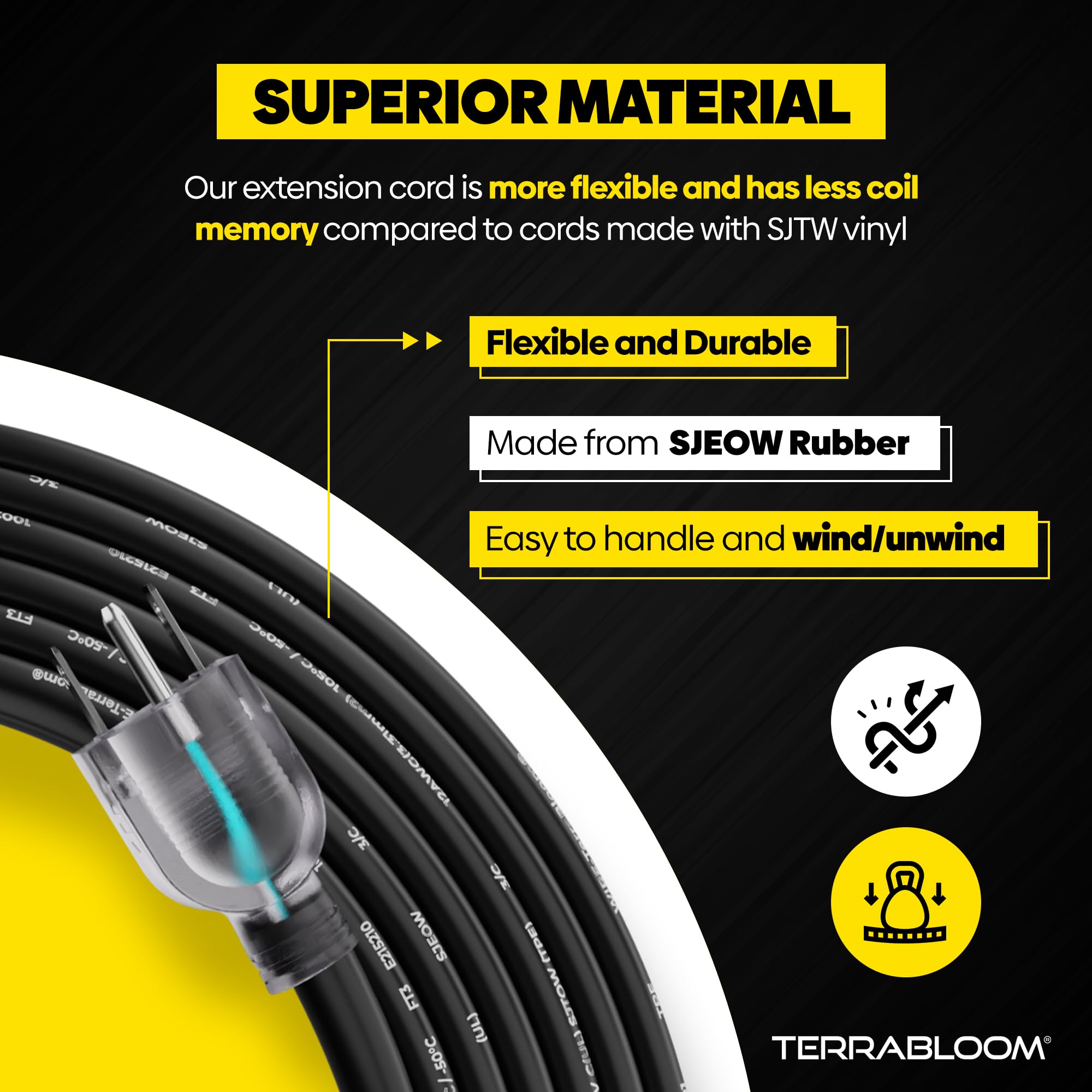 Terrabloom 12/3 Heavy Duty Extension Cord 15 Ft Outdoor   Black Outdoor Extension Cord Multiple Outlet   Ultra Flexible Sjeow Ru