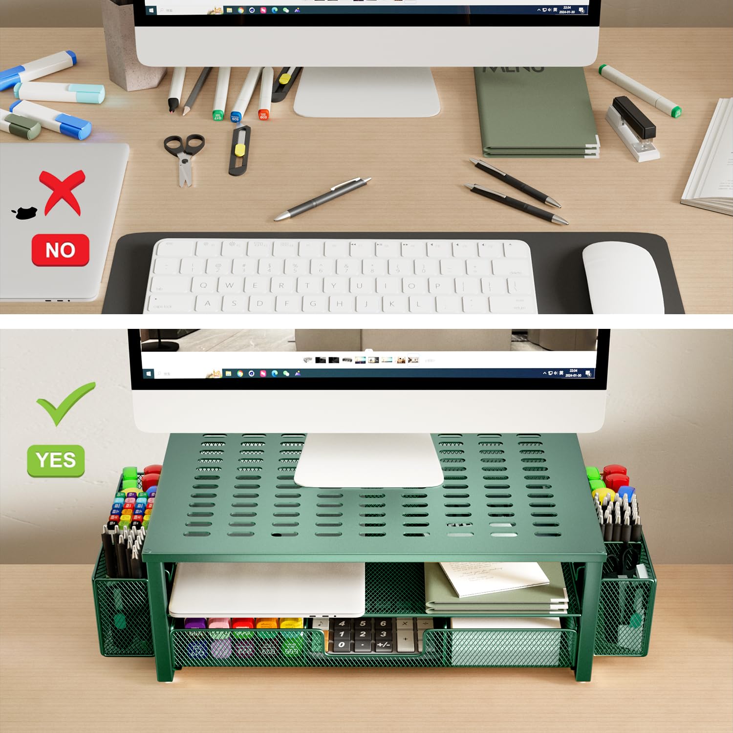 Gianotter Monitor Stand With Drawer And Pen Holder, Green Desk Accessories, 2 Tier Monitor Riser, Ideal For Office Supplies Desk