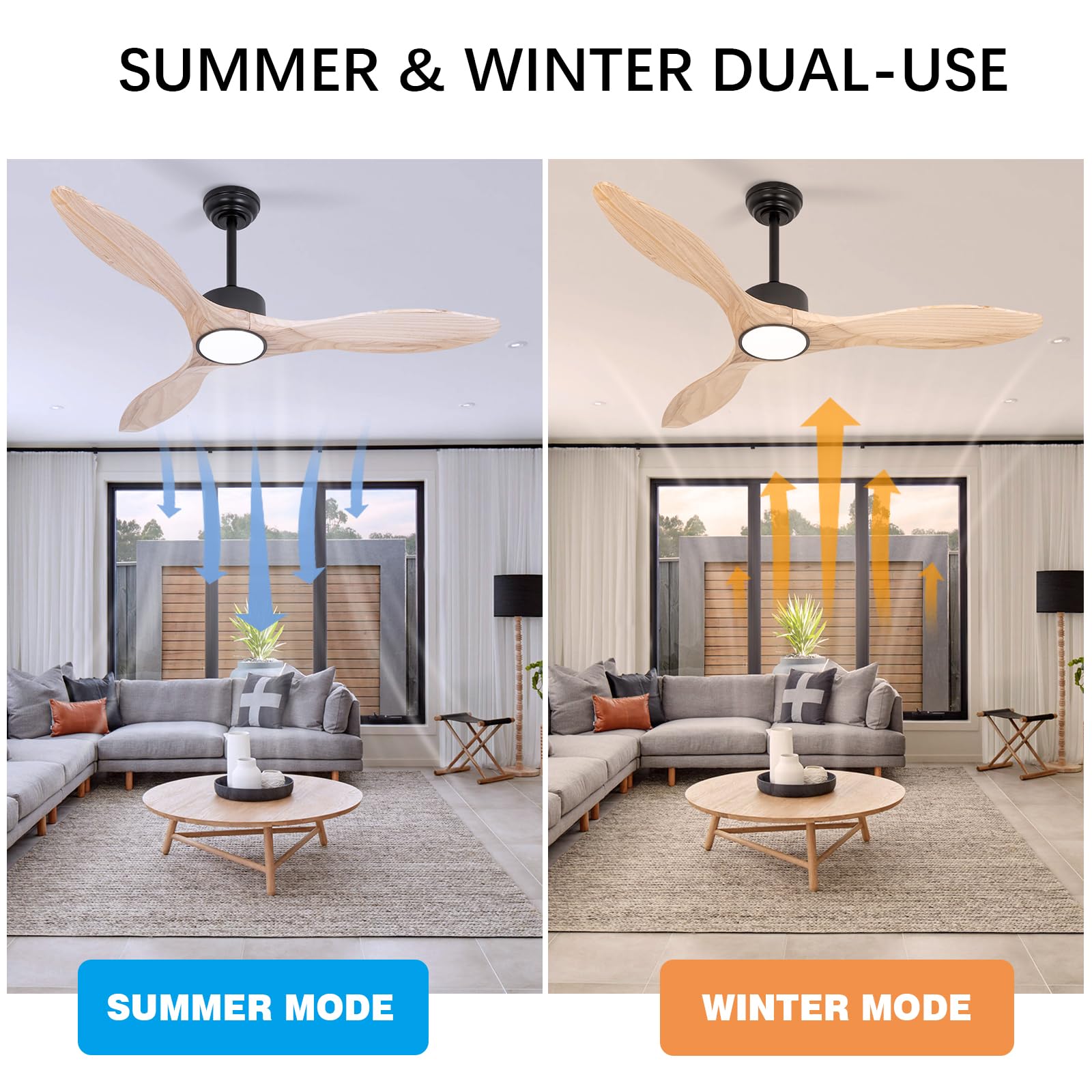 Revoici 52Inch Natural Wood Ceiling Fan With Light,Modern Farmhouse Style,Remote Control,Weathered & Light,Outdoor & Indoor,Bedr