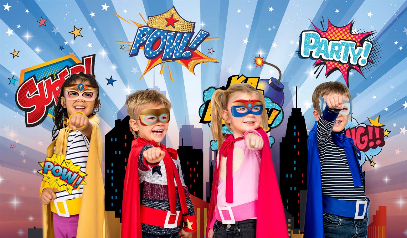 Wonder Woman And Other Superheroes Cityscape Photography Backdrop, Studio Props & Mask. Great As Super Hero City Photo Booth Bac