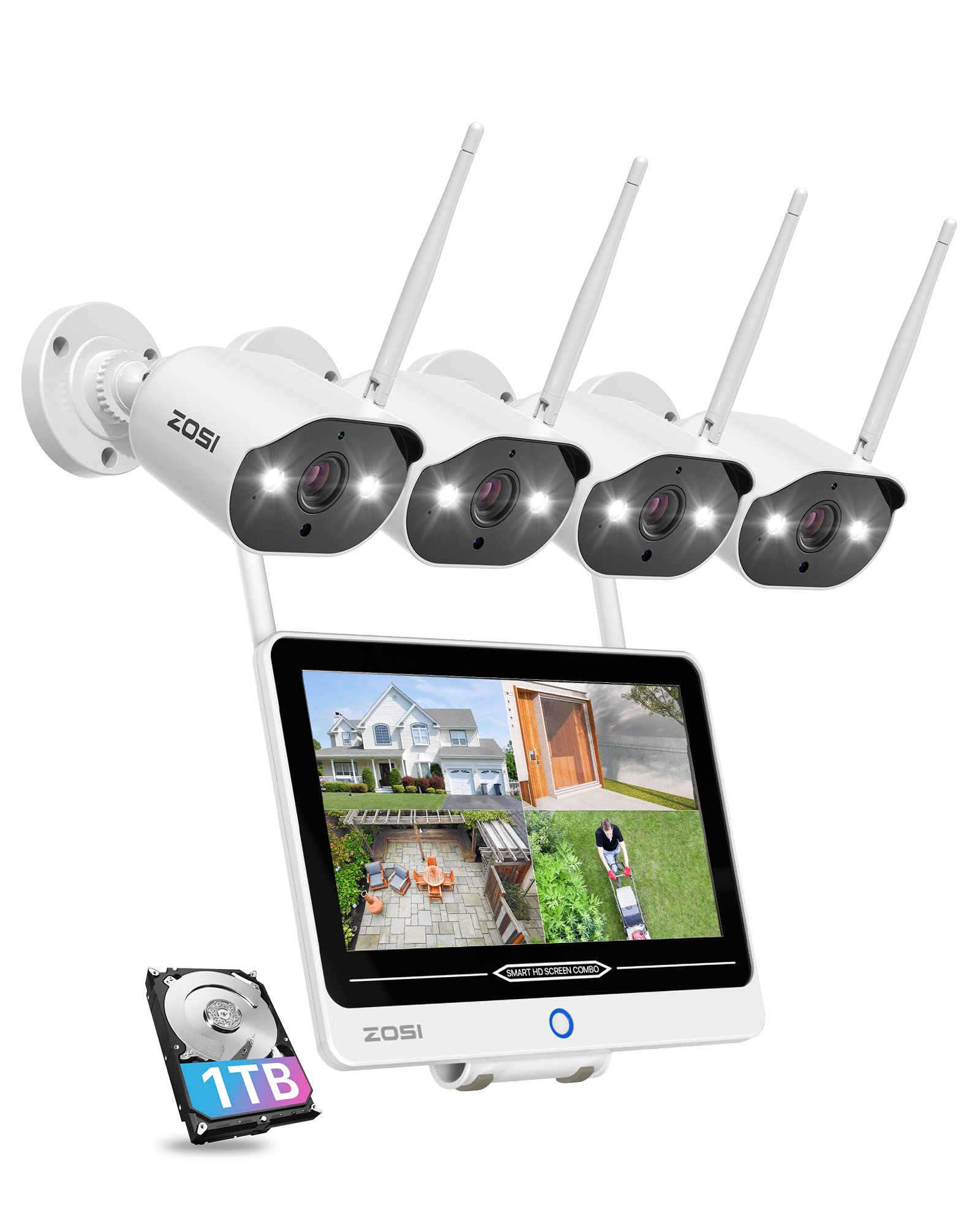 ZOSI 2K 8CH All in one Wireless Security Camera System with 12.5 inch LCD Monitor,4pcs 3MP WiFi IP Spotlight Cameras Outdoor Ind