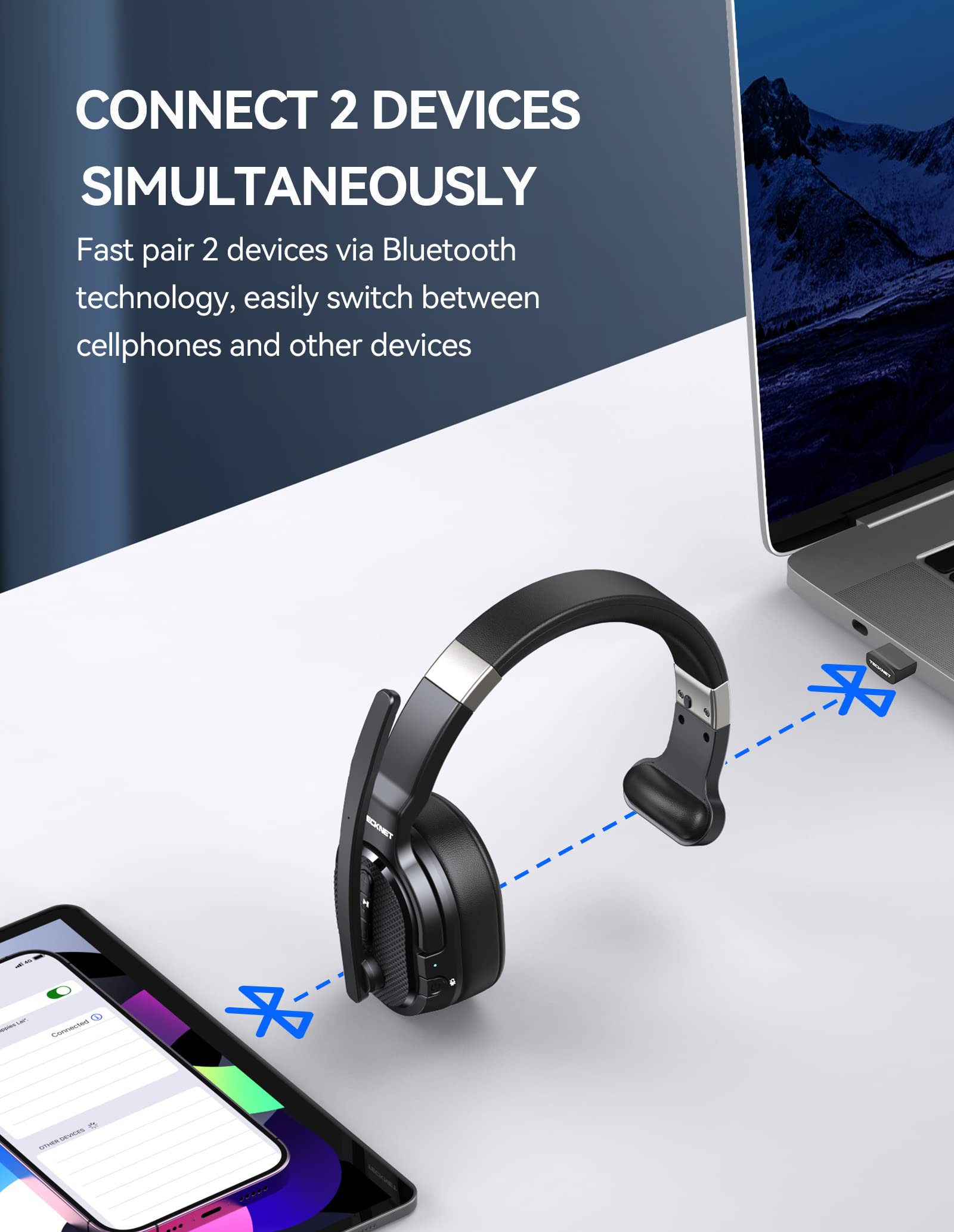 Tecknet Trucker Bluetooth Headset, Ai Noise Canceling 70H Wireless Headphones Bluetooth With Microphone & Dongle, Enc Bluetooth Headset With Mute For Pc Phone Laptop Office Home, All Day Comfort